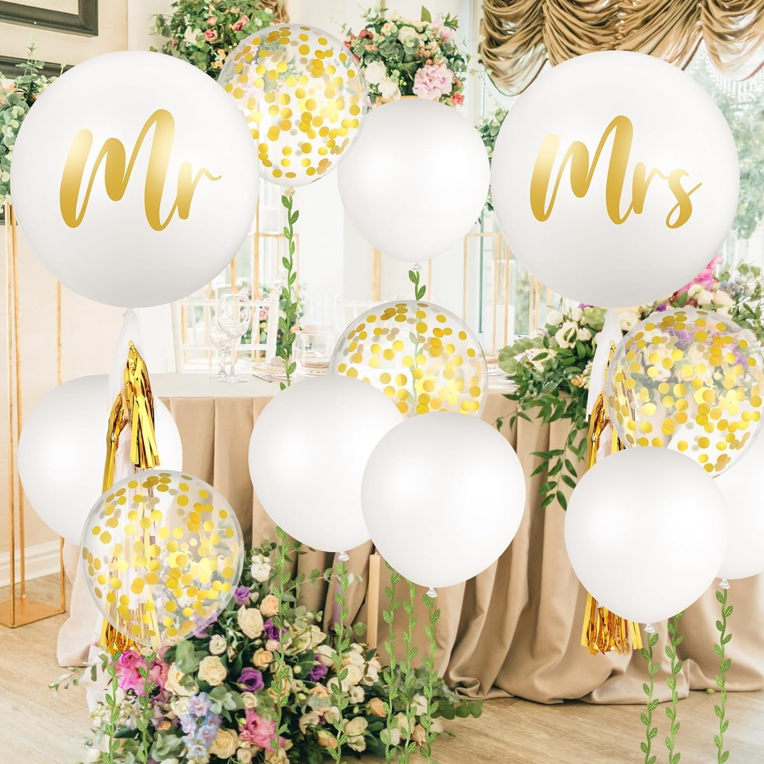 Zaoz 15 Pcs Giant Wedding Balloons Kit 36 Inch Jumbo White Balloons Mr. Mrs. Balloons with Paper Tassel 24 Inch White Large Balloons with 65ft Leaf Ribbon for Wedding Engagement A418