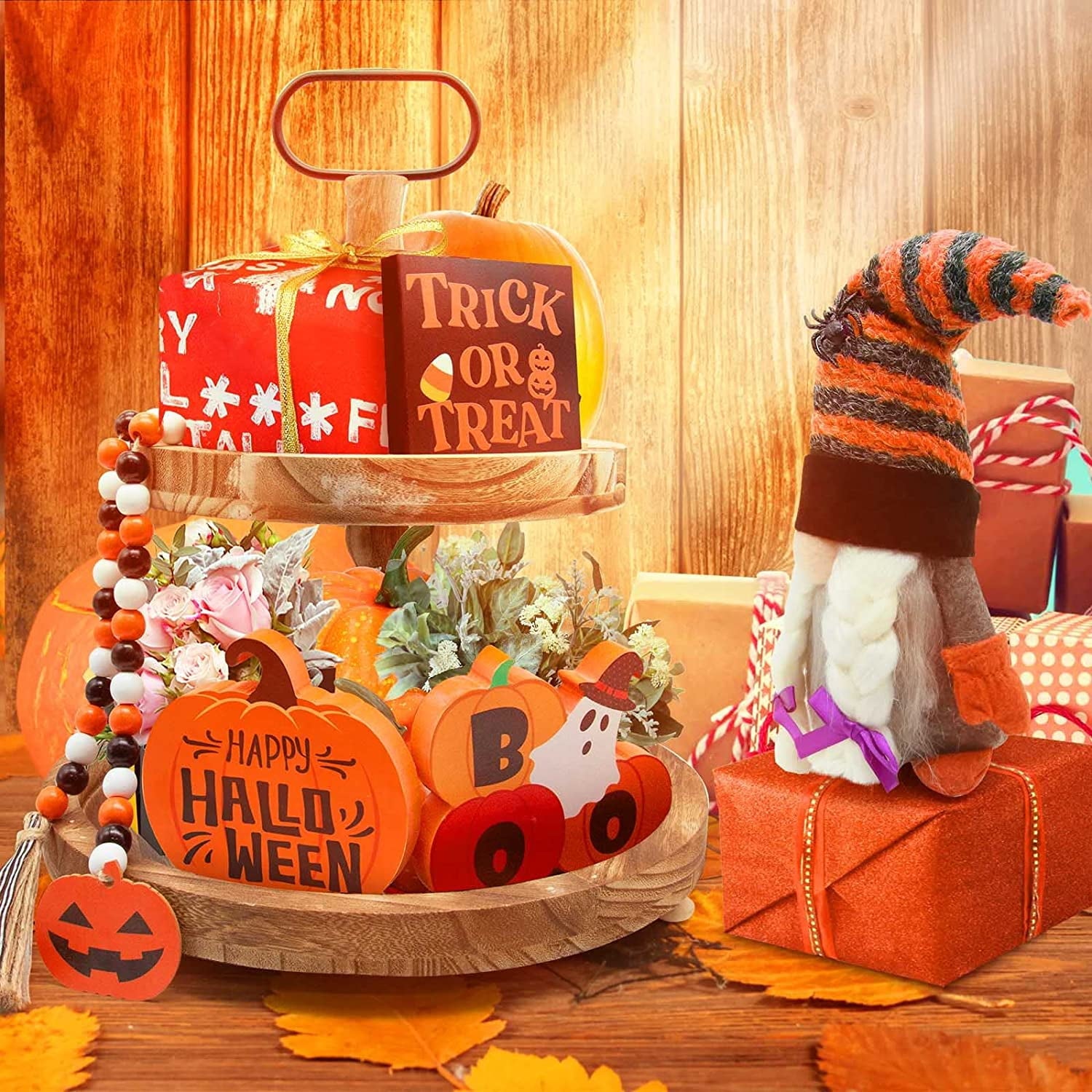 NXN-HOME Halloween Tiered Tray Decorations Including Trick or Treat Wooden Signs, Cute Gnomes Plush and Bead Garland
