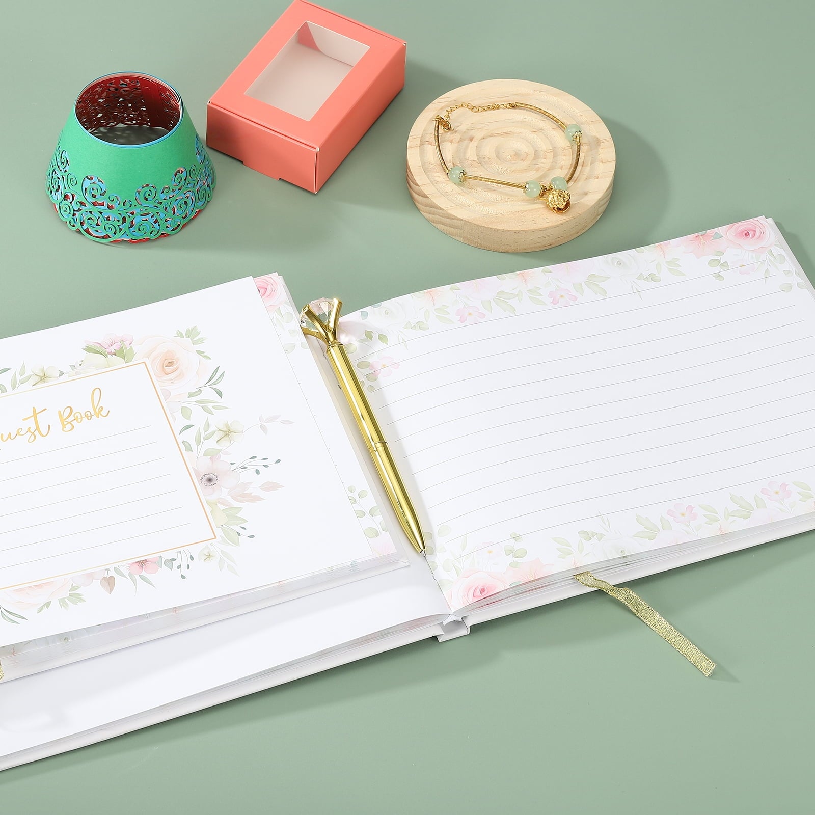 Guest Book, Wedding Guest Sign Book Reception Signature Book Party Decorations Supplies for Birthday Bridal Shower, Pink Rose