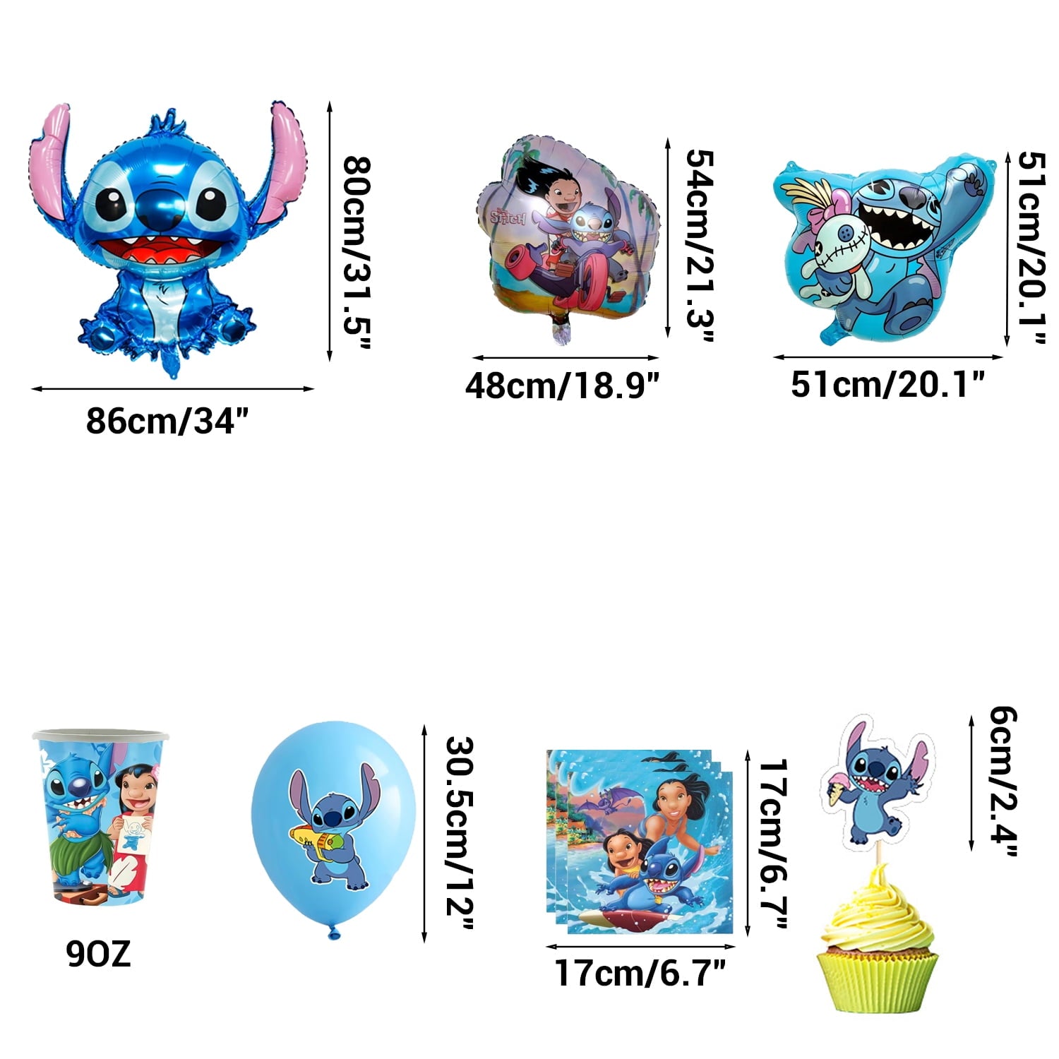 Birthday Party Stitch 189 Pcs Decoration Set - 24 Cake Toppers, 18 Balloons, 1 Happy Birthday Banner, 1 Large Cake Topper, 1 Table Cloth, 18 Latex Ballnoon, 3 Foil Balloons Party Supplies for Fans.