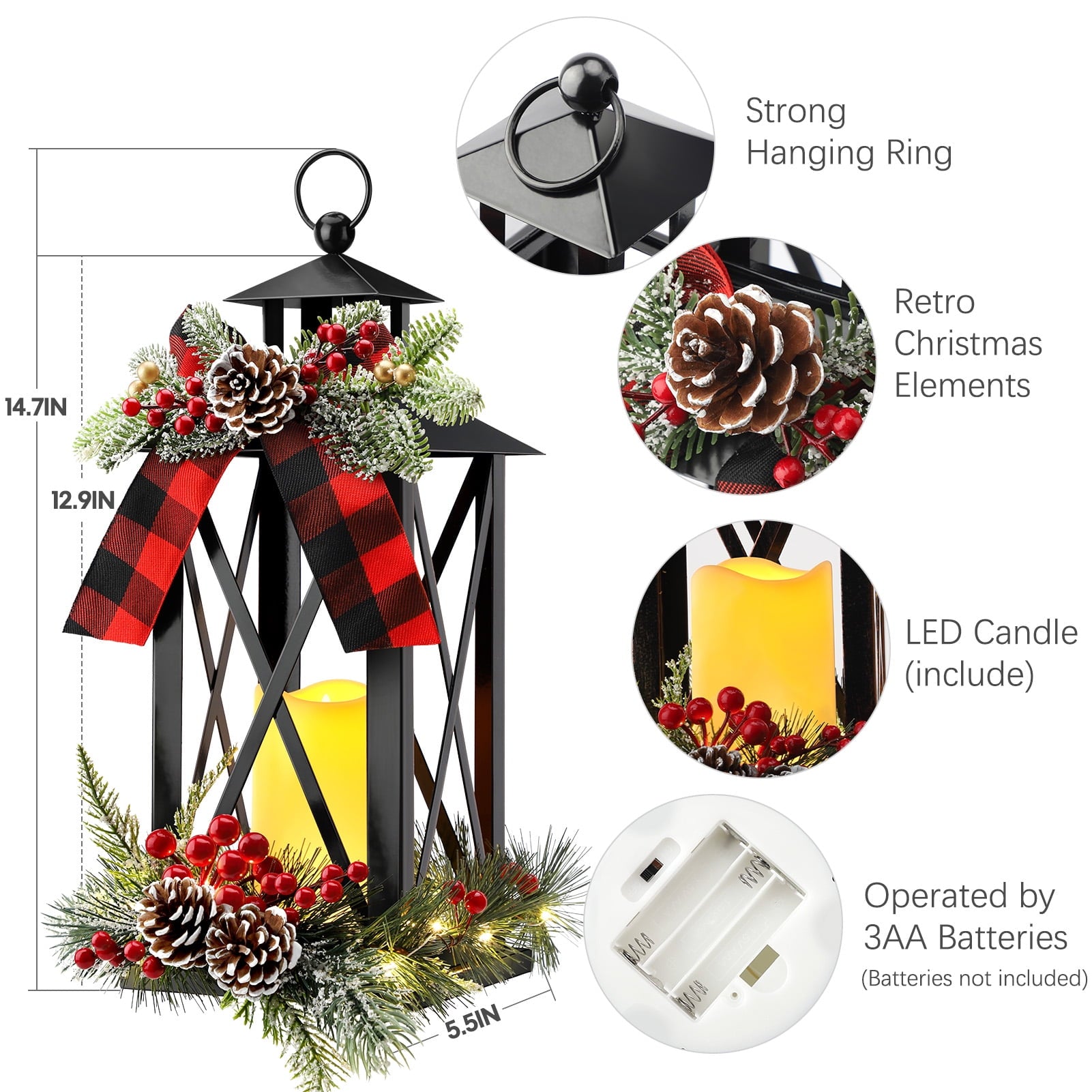 Ayieyill 15" Tall Christmas Lanterns Indoor Outdoor with LED and Ribbon, Hanging Christmas Decortions Candle Lanterns | Black