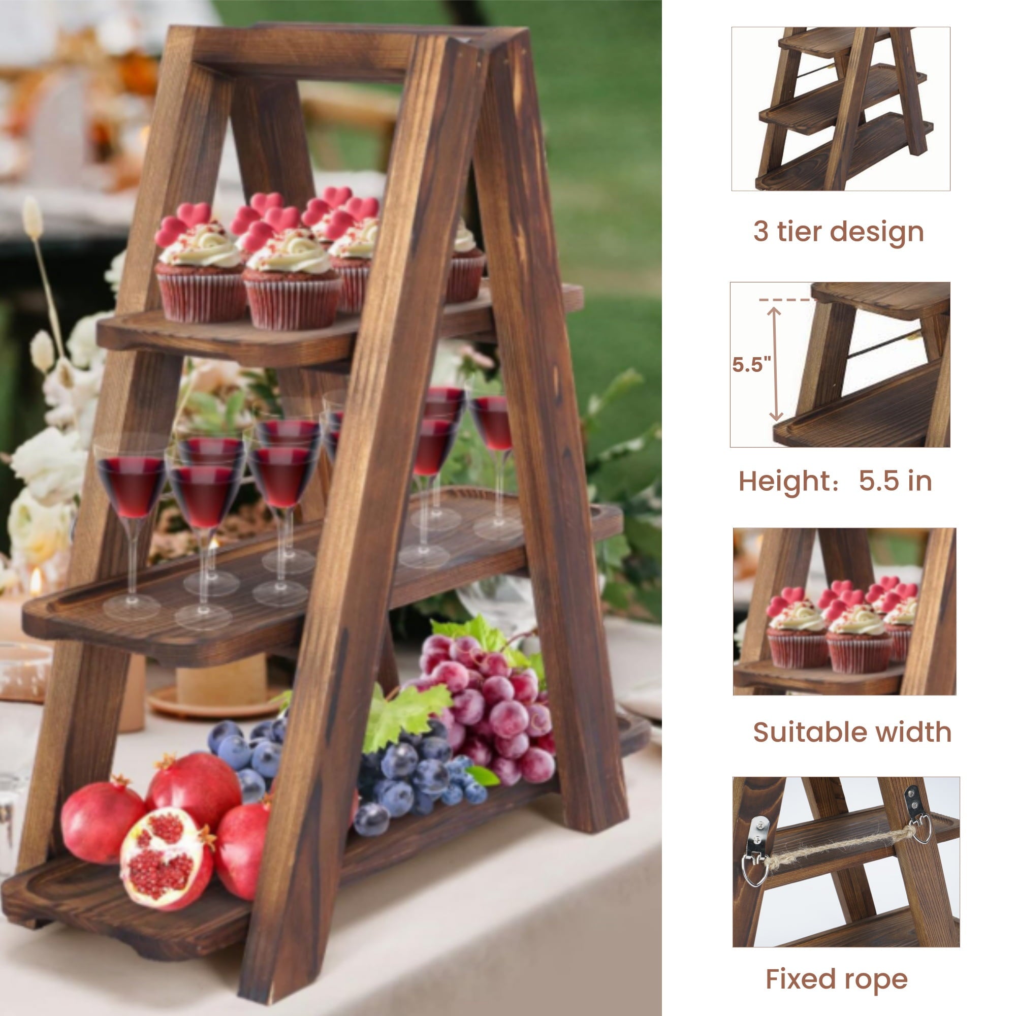 Gomok 3 Tier Serving Tray Wooden Cupcake Stand Rustic Foldable Dessert Table Display Set with Removable Trays