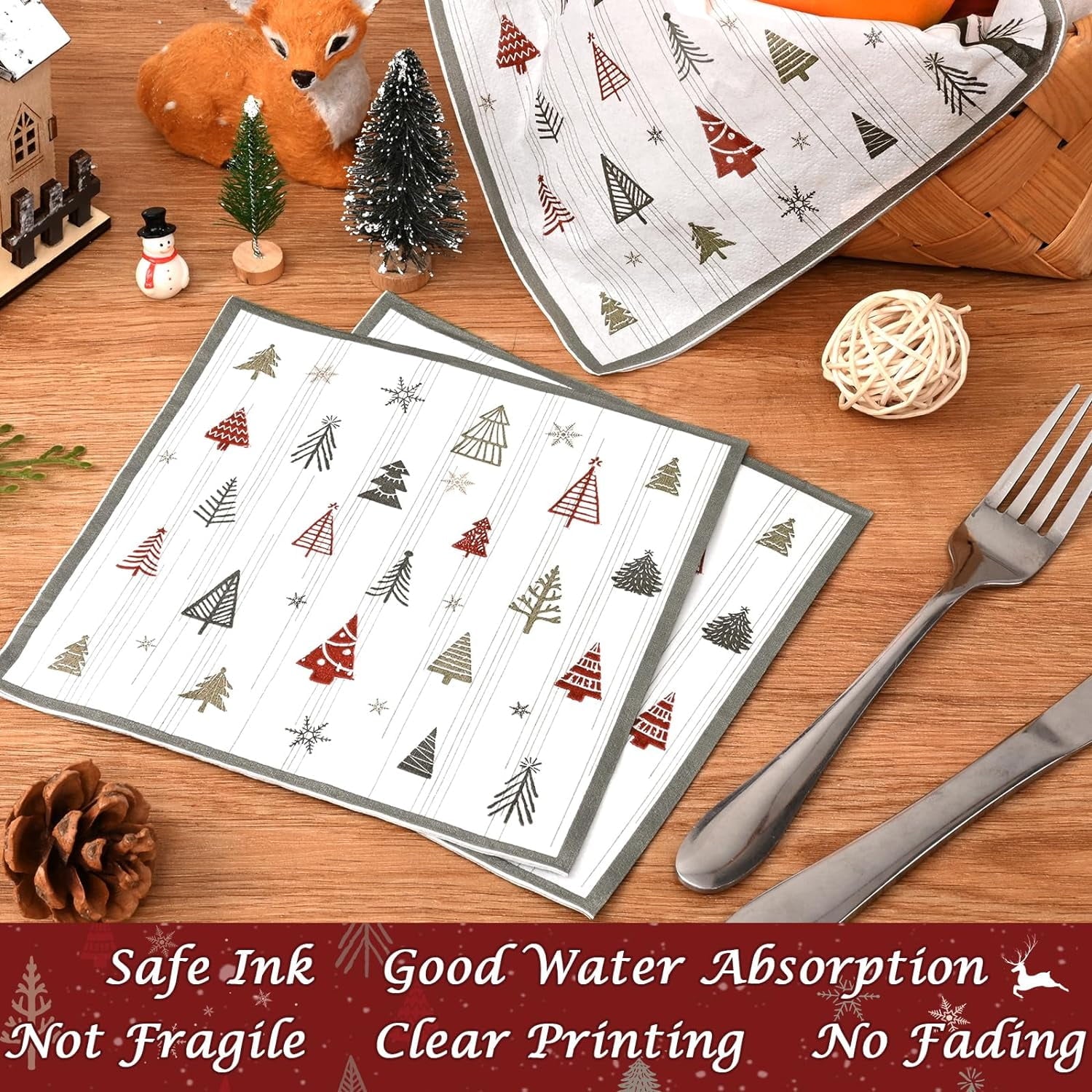 DAZLUTE 200 PCS Christmas Paper Plates and Napkins Serves 50 Guests, Elk Christmas Tree Disposable Dinnerware Set for Christmas Party