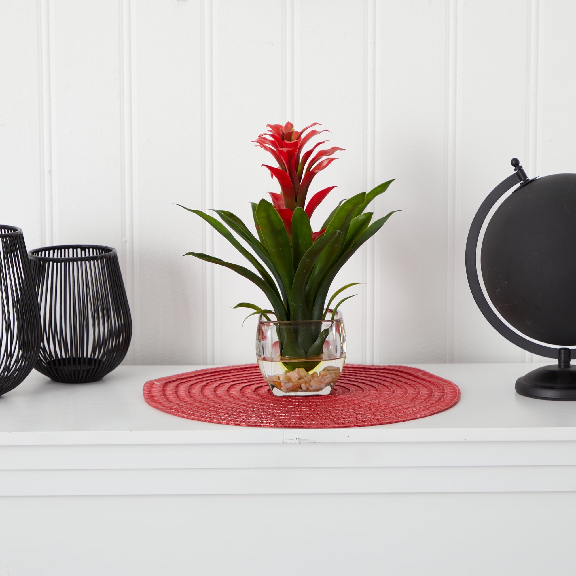 Nearly Natural Red Bromeliad with Vase Centerpiece
