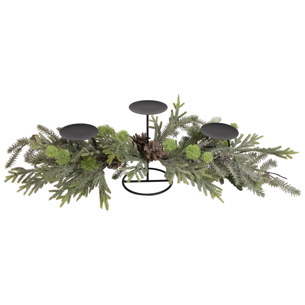 Northlight Triple Candle Holder with Frosted Foliage and Pine Cones Christmas Decoration - 26"