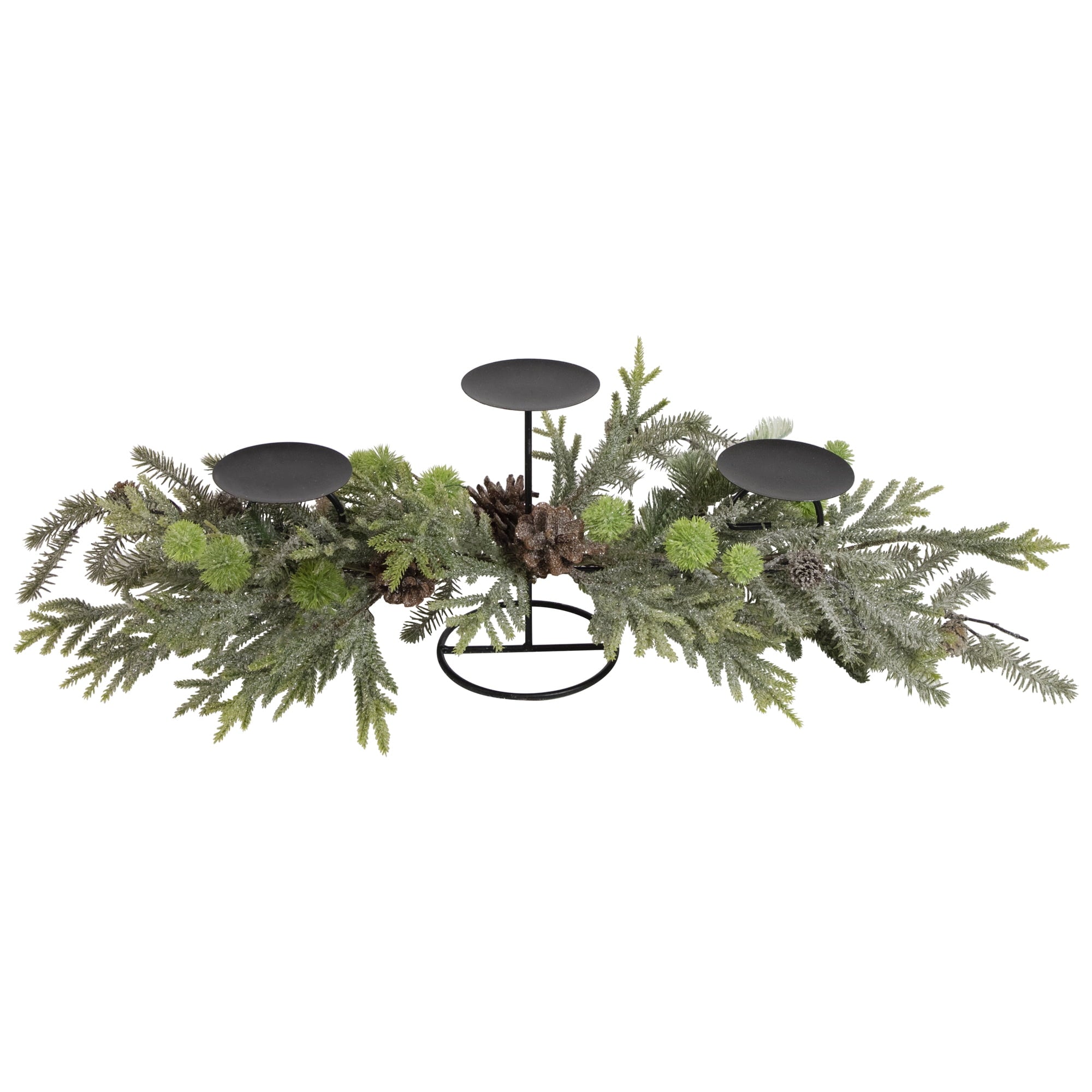Northlight Triple Candle Holder with Frosted Foliage and Pine Cones Christmas Decoration - 26"