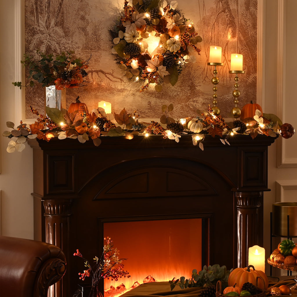 Valery Madelyn 6Ft Pre-Lit Fall Garland Lighted Harvest Garland with Red Orange White Pumpkin & Pine Cone for Thanksgiving Fireplace Farmhouse Front Door Banisters Porch