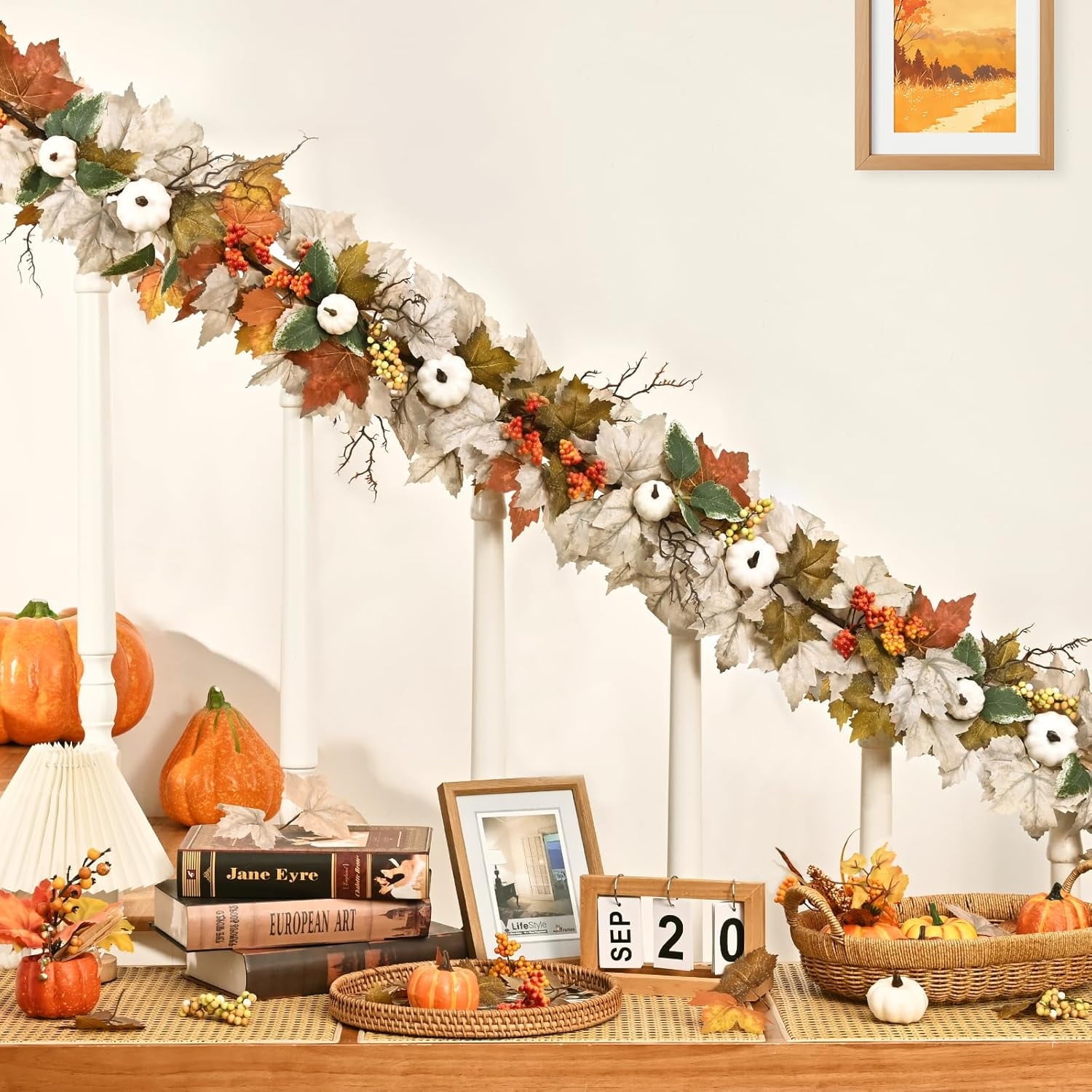 Yastouay 5.9Ft Fall Garland Maple Leaf,Hanging Autumn Fake Vine With Pumpkins And Berries For Fall Thanksgiving Wedding Home Decor