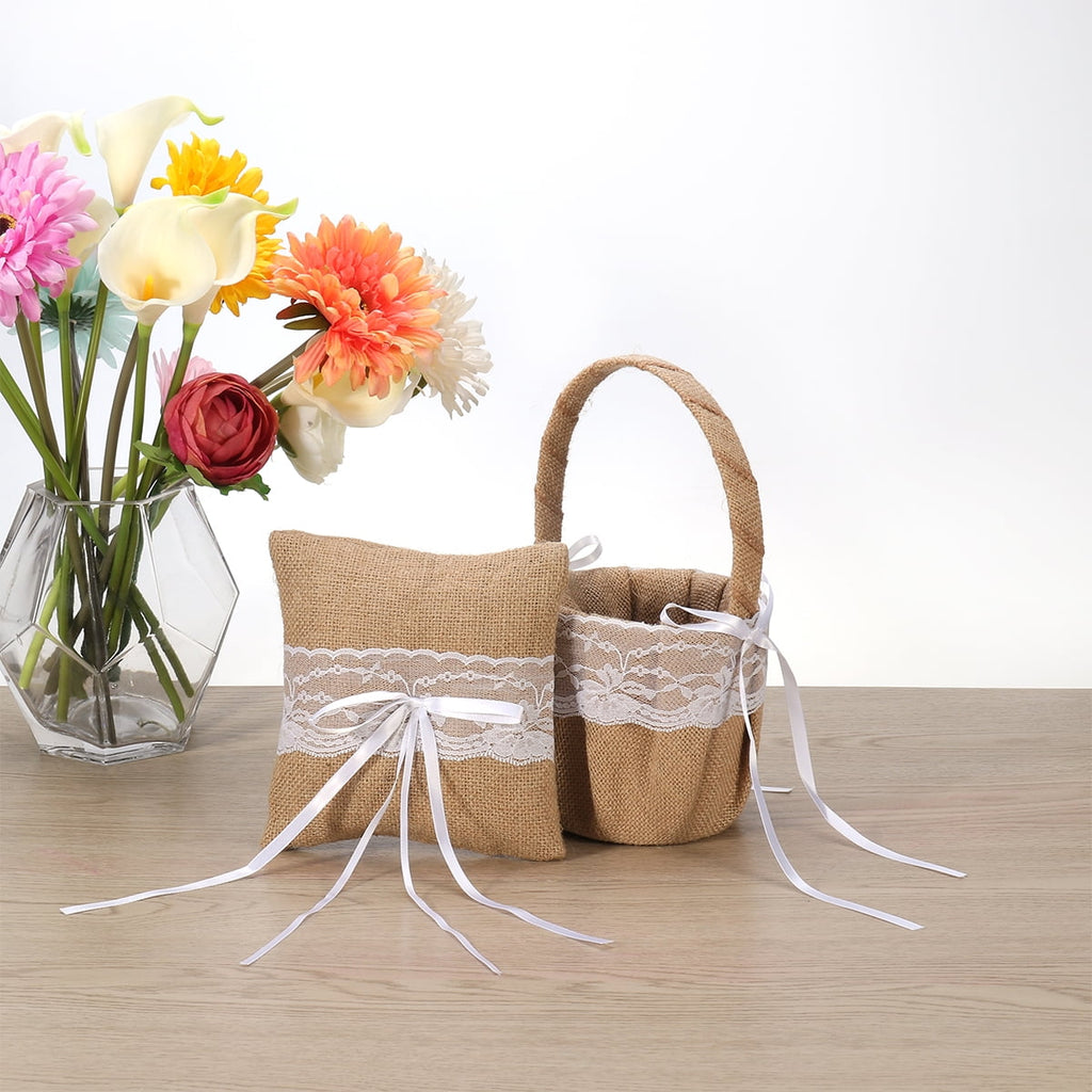 OUNONA 2pcs Set of 6*6'' Generic Burlap Jute & Lace Flower Basket Ring Bearer Pillow Cushion Rustic Country Wedding