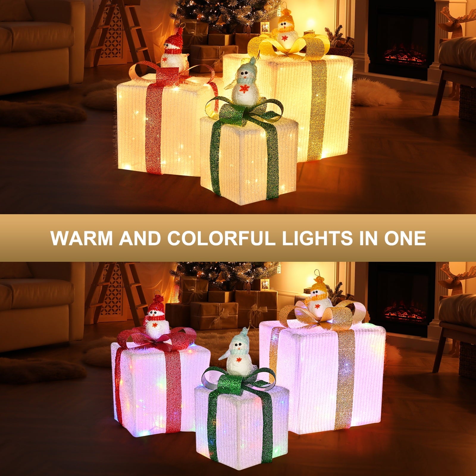 Christmas Lighted Gift Boxes, 80 LED Transparent Lighted Boxes, Christmas Home Gift Box Decorations, Set of 3