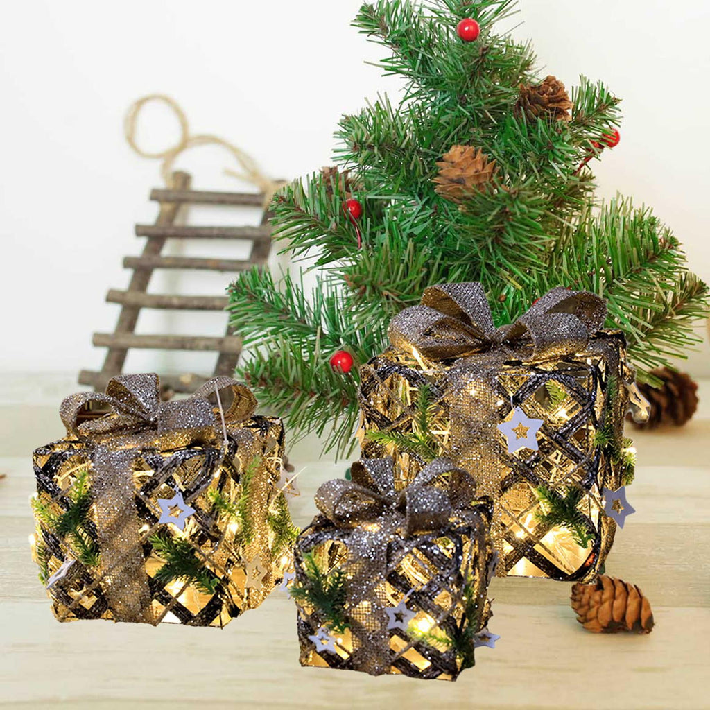 3 Pieces Christmas Lighted Up Gift Boxes Decorations, Tinsel Present