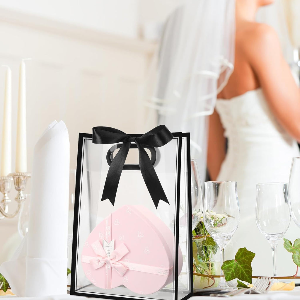 12 Pcs Clear Plastic Gift Bag with Die Cut Handles Reusable PP Favor Bag with Ribbon for Wedding Bridal Christmas Birthday Party Baby Shower Shopping Business, 7x10x3.15 Inch(Black)
