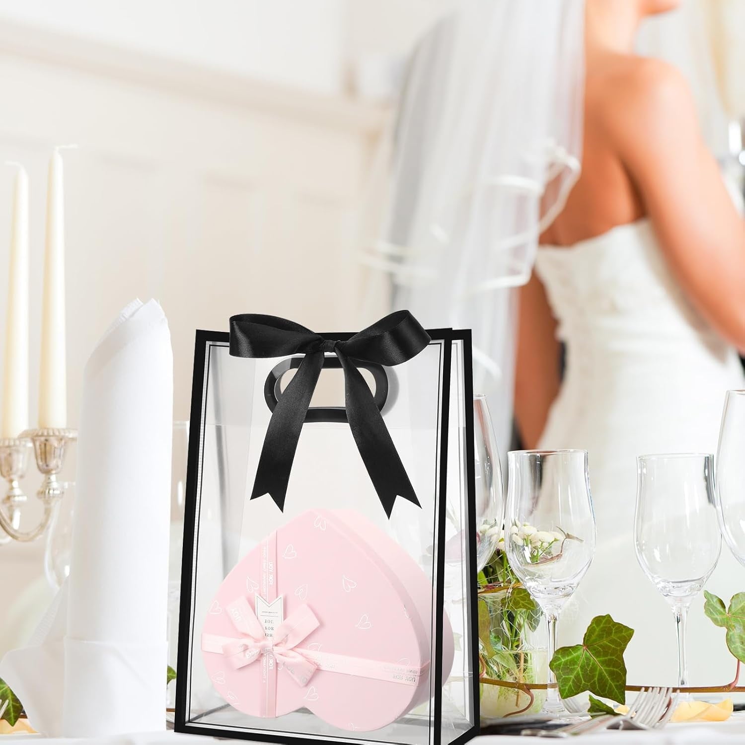 12 Pcs Clear Plastic Gift Bag with Die Cut Handles Reusable PP Favor Bag with Ribbon for Wedding Bridal Christmas Birthday Party Baby Shower Shopping Business, 7x10x3.15 Inch(Black)