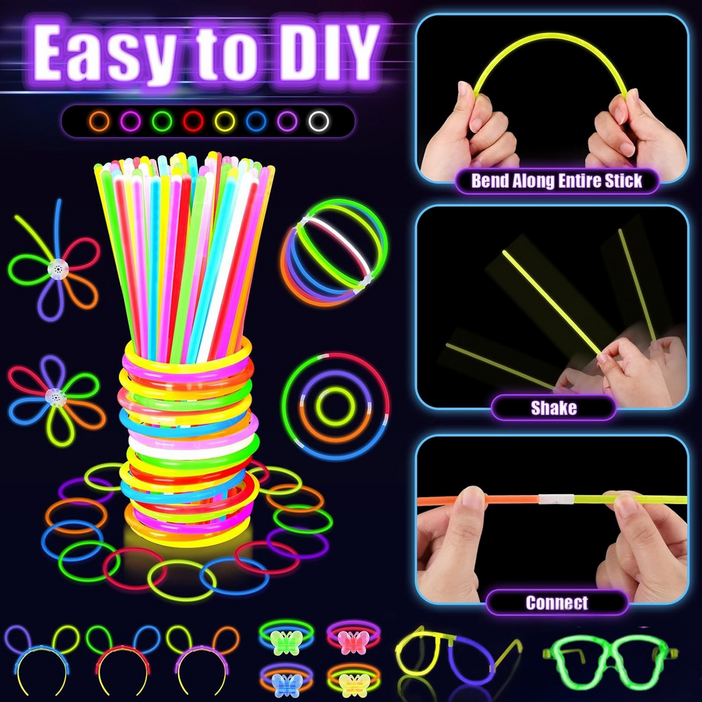 250 Pcs Glow in the Dark Party Supplies for Kids Adults, Light Up Favors with Rings, Glow Sticks DIY Glow Necklaces Bracelets Glass Hair band, Neon Party Supplies