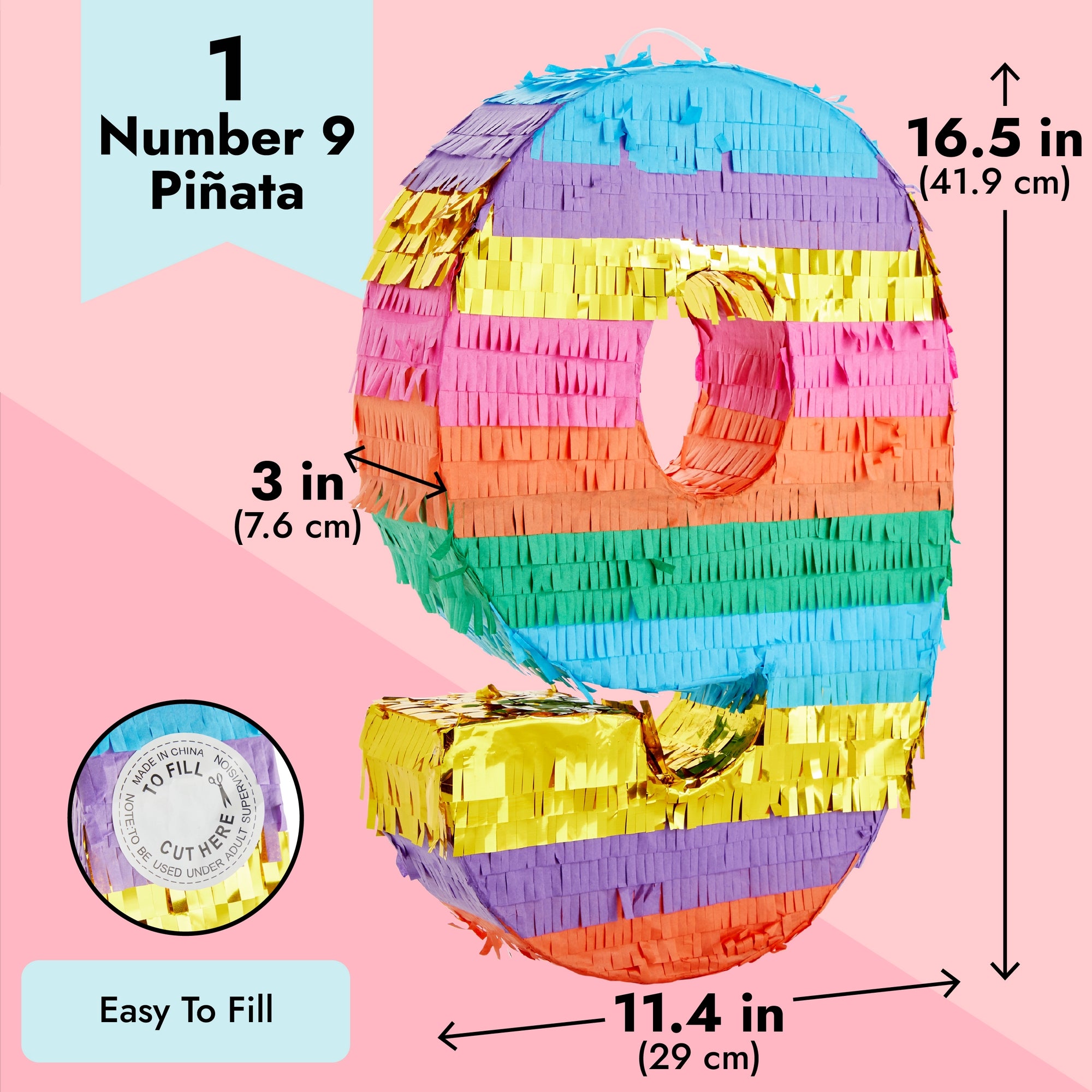 BLUE PANDA Rainbow Number 9 Pinata for Kids Ages 3-14 Birthday Party Supplies, Fiesta, Anniversary Celebration, Small (16.5 x 11.4 x 3 In)