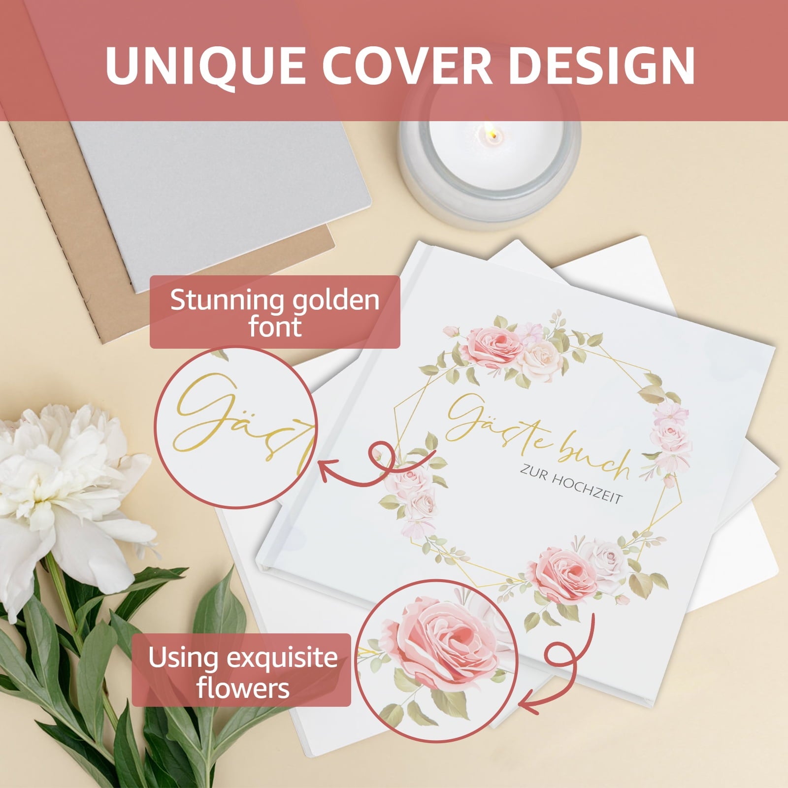 Wedding Guest Book 120 Pages Elegant Flower Pattern Wedding Sign Book Hard Cover Personalized Guest Signature Album for Party Reception Engagement