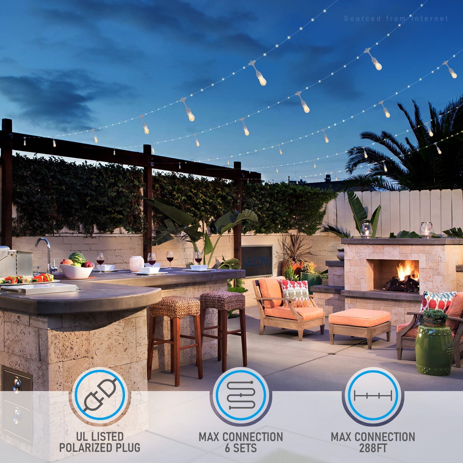 LED Outdoor String Lights, 48ft 24 Bulbs Commercial Connectable Patio String Light, LED Neon Light, IP65 Waterproof, 18AWG Copper Wire, Clear White