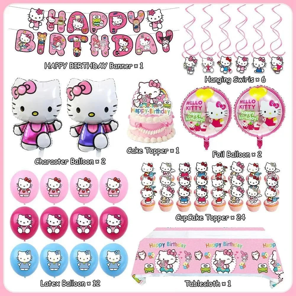 Pink Birthday Decorations Set, Pink Party Supplies Cartoon Theme with Banner, Balloons, Tablecloth, Cake Toppers for Kids Cartoon Theme Party