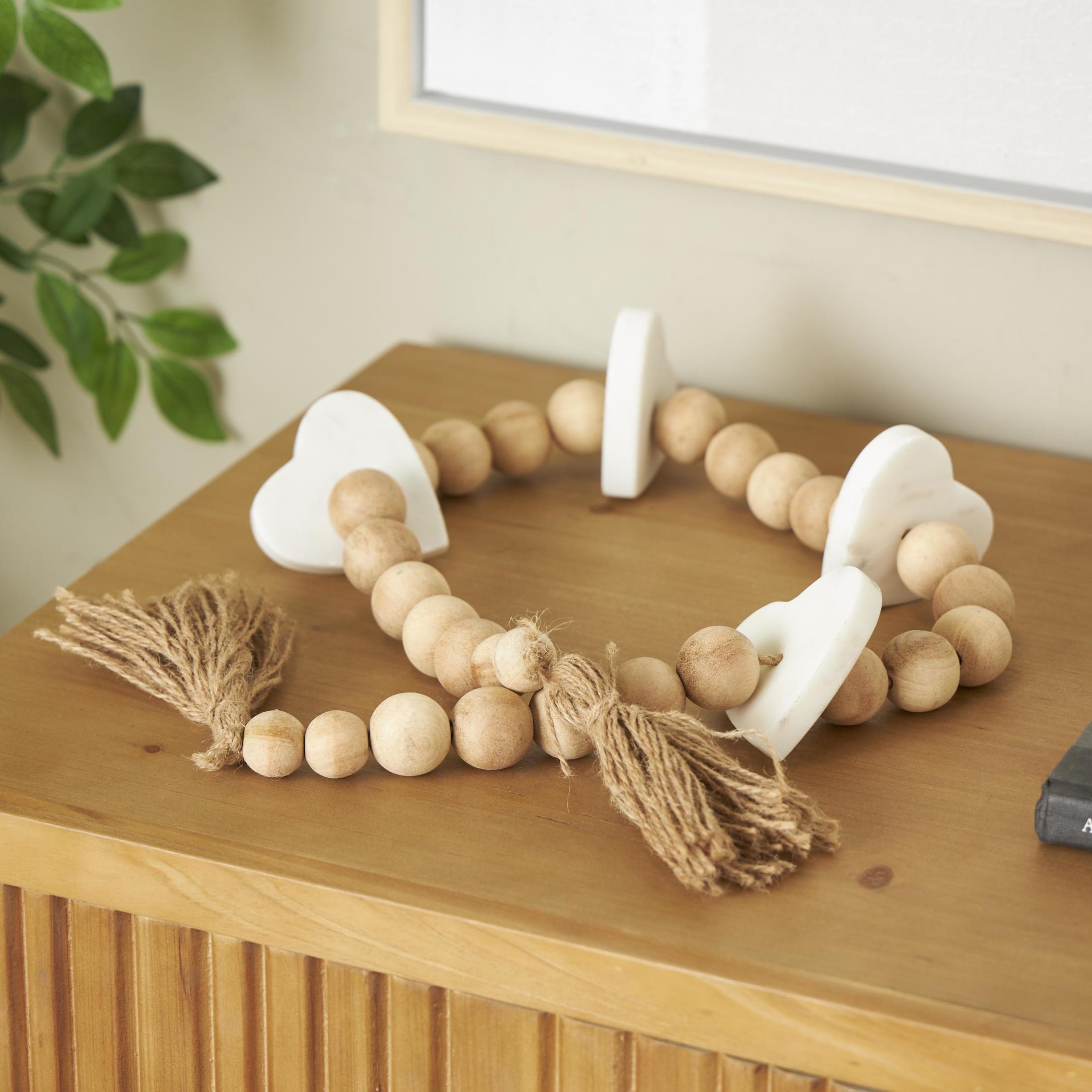 DecMode Handmade Light Brown Marble Heart Garland with Tassel with Knotted Brown Jute and White Accents