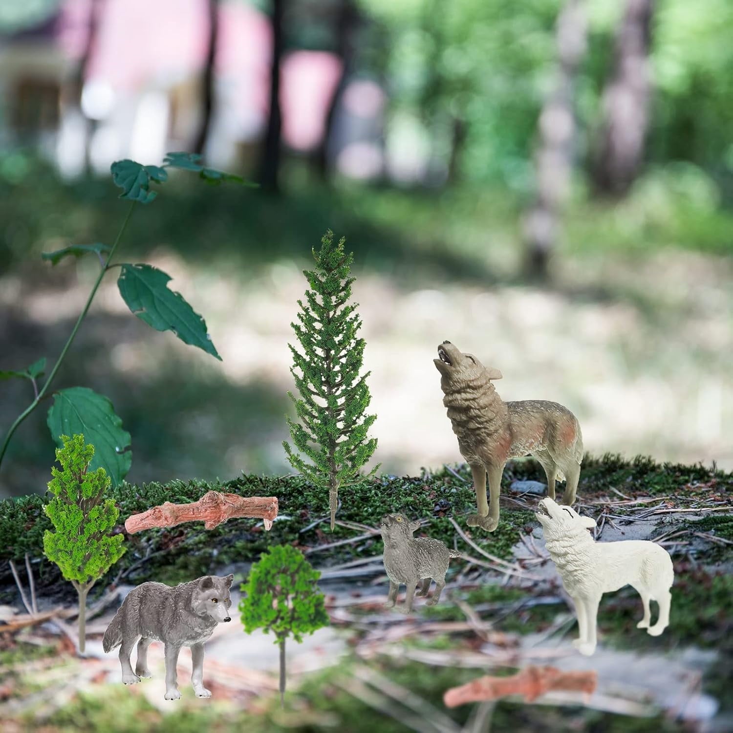 Sratte 26 Pcs Woodland Wolf Figurines Toys Model Trees Kit with Wolf Figurine Wolf Toy Playset Diorama Project Kit Cake Toppers for Kids Toddlers Birthday Gift Decor
