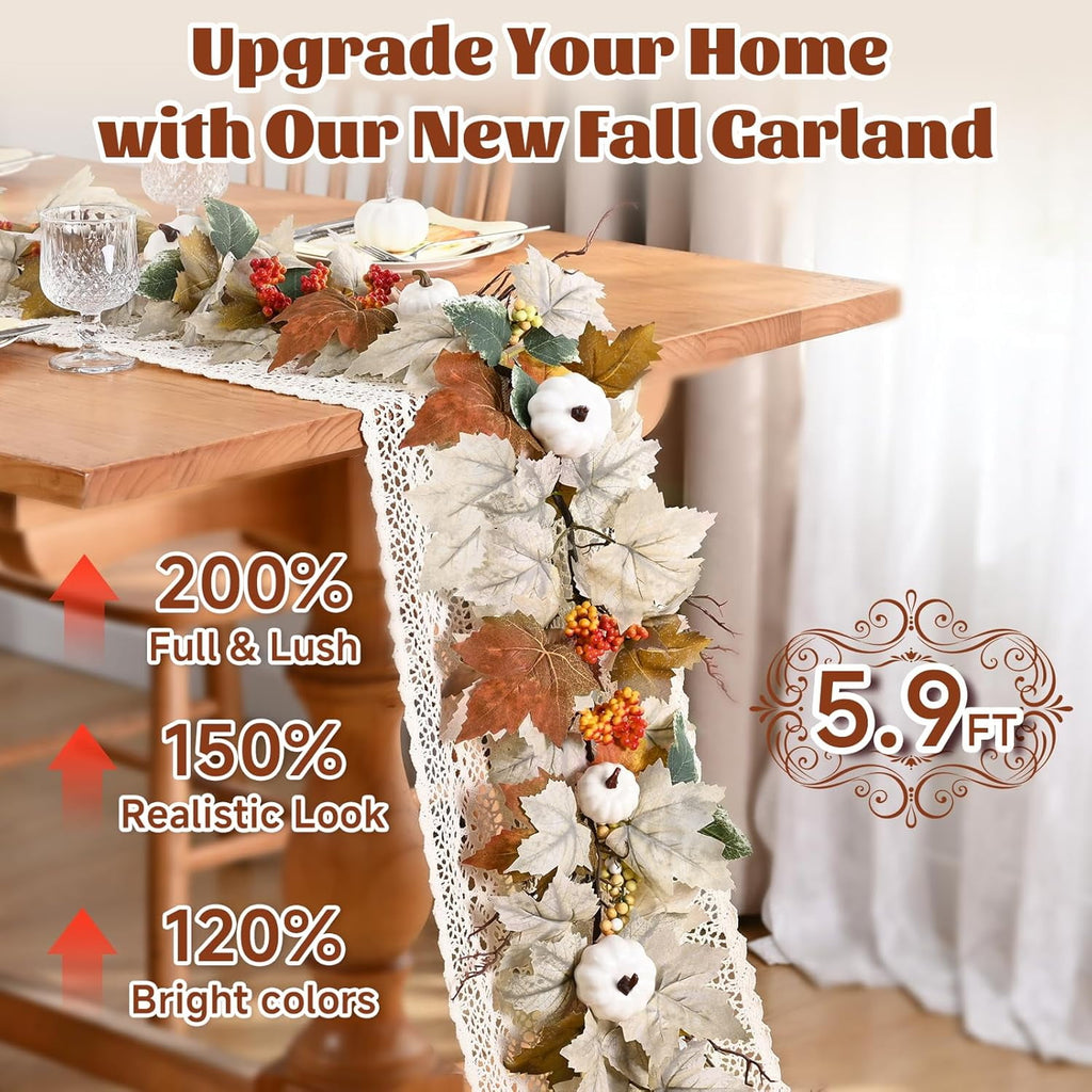 Yastouay 5.9Ft Fall Garland Maple Leaf,Hanging Autumn Fake Vine With Pumpkins And Berries For Fall Thanksgiving Wedding Home Decor