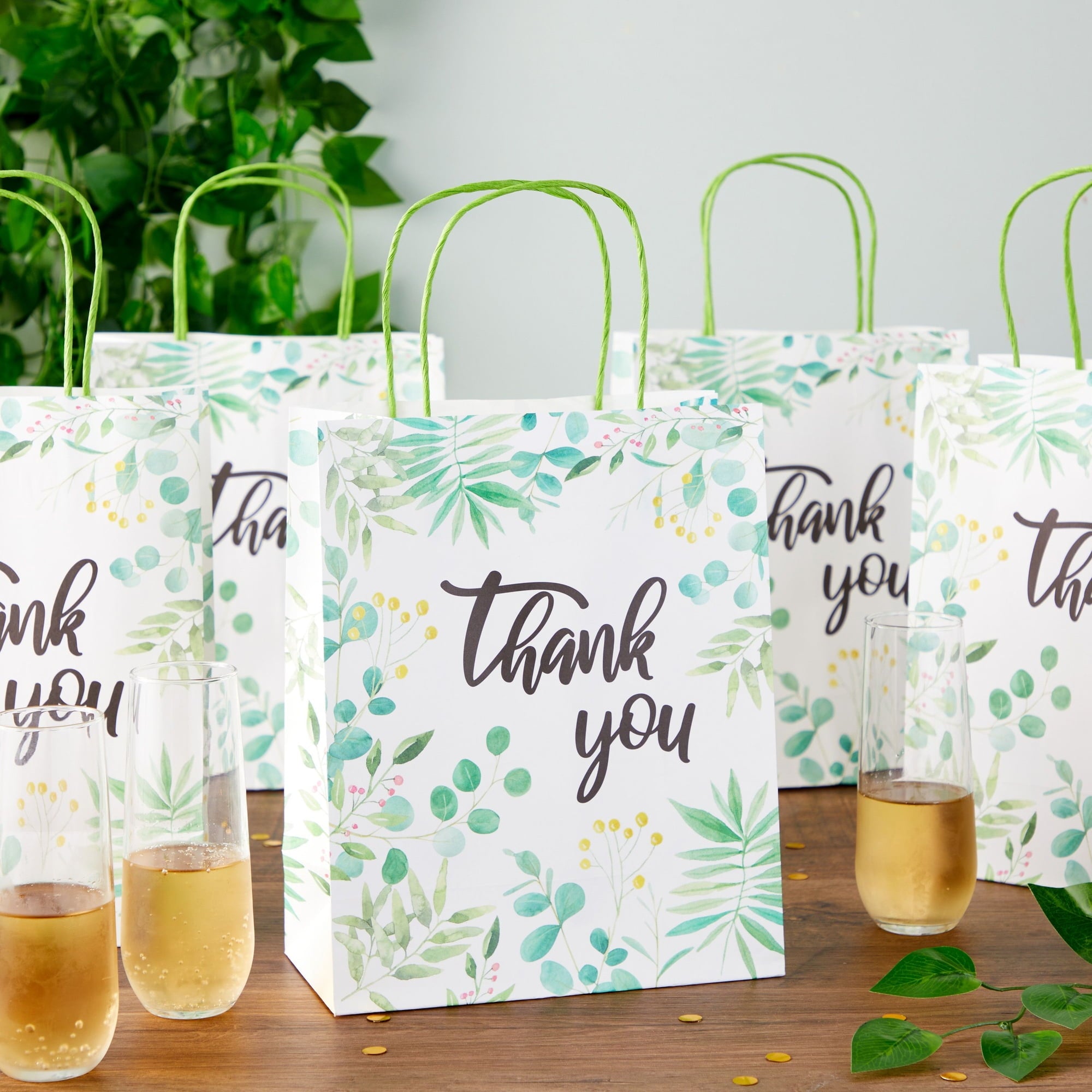 50 Pack Green Leaf Paper Gift Bags with Handles, White Thank You Bag for Small Business Boutique, Baby Shower Party Favors, 10x8x4 in
