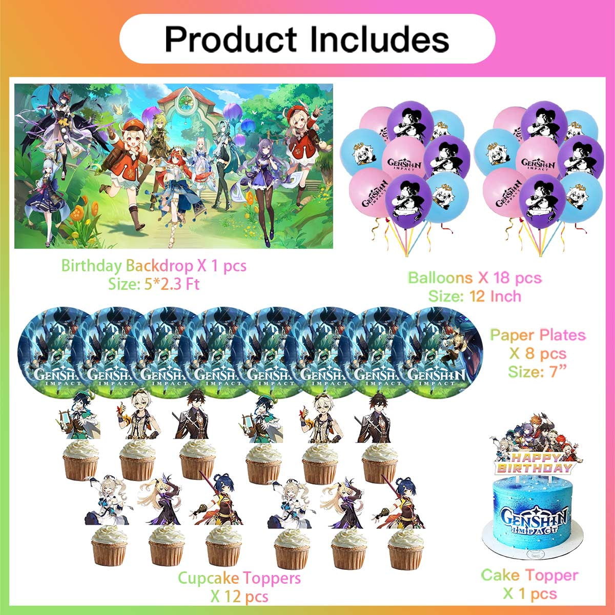 Genshin Impact Party Supplies Cake Topper Decor Banner Backdrop Tableware Balloons Birthday Decorations