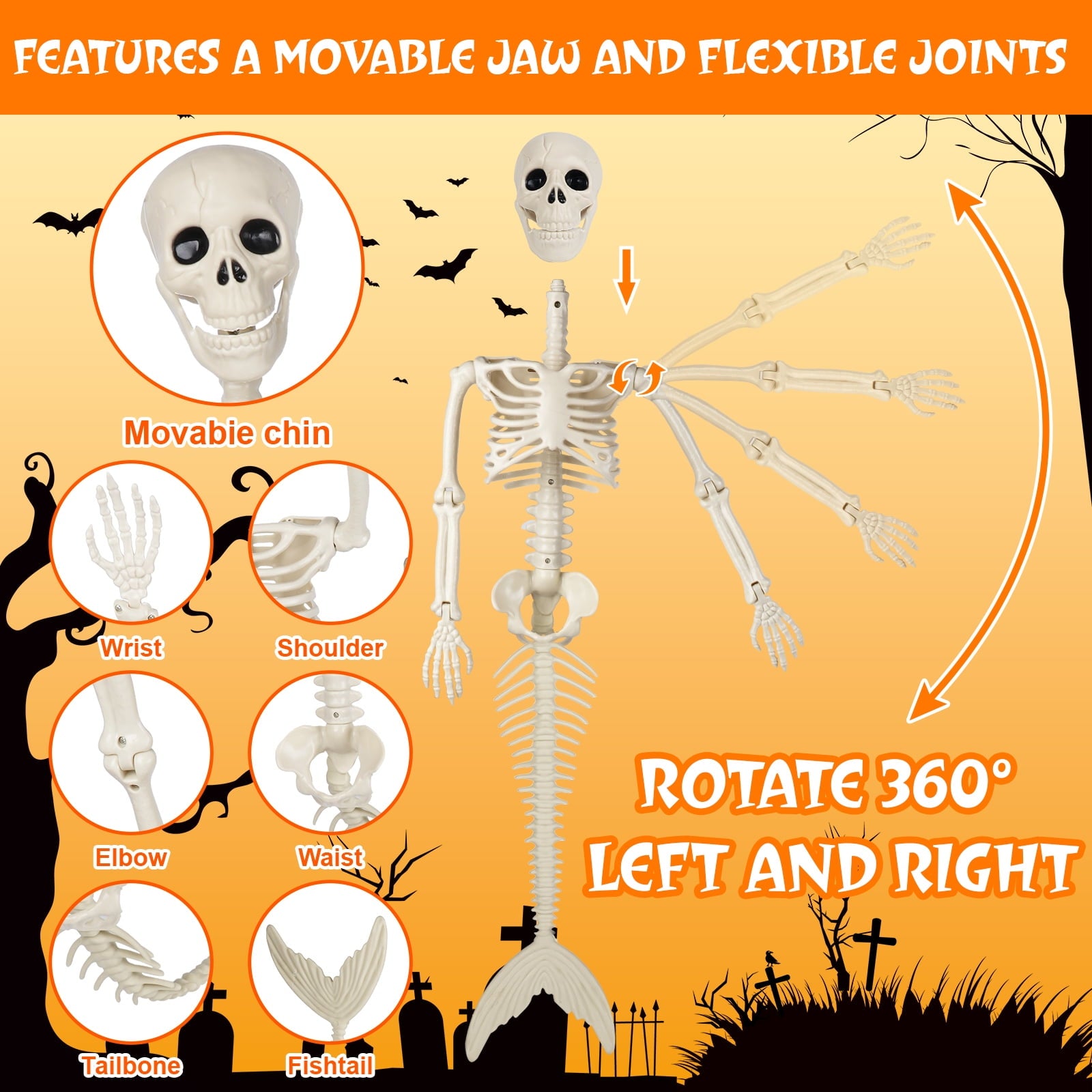 36inch Halloween mermaid skeleton, with flexible joints, can be posed and hung, suitable for Halloween indoor and outdoor decorations, parties, horror scenes and other occasions