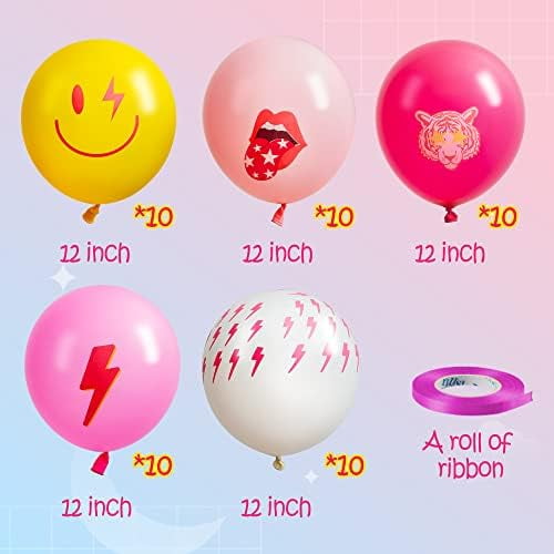 50Pcs Preppy Y2k Hot Pink Party Balloons Smile Face Lightning 12inch Latex Balloon with Ribbon Retro Decoration Supplies for Teen Girls Birthday Bachelorette Early 2000s Theme Party