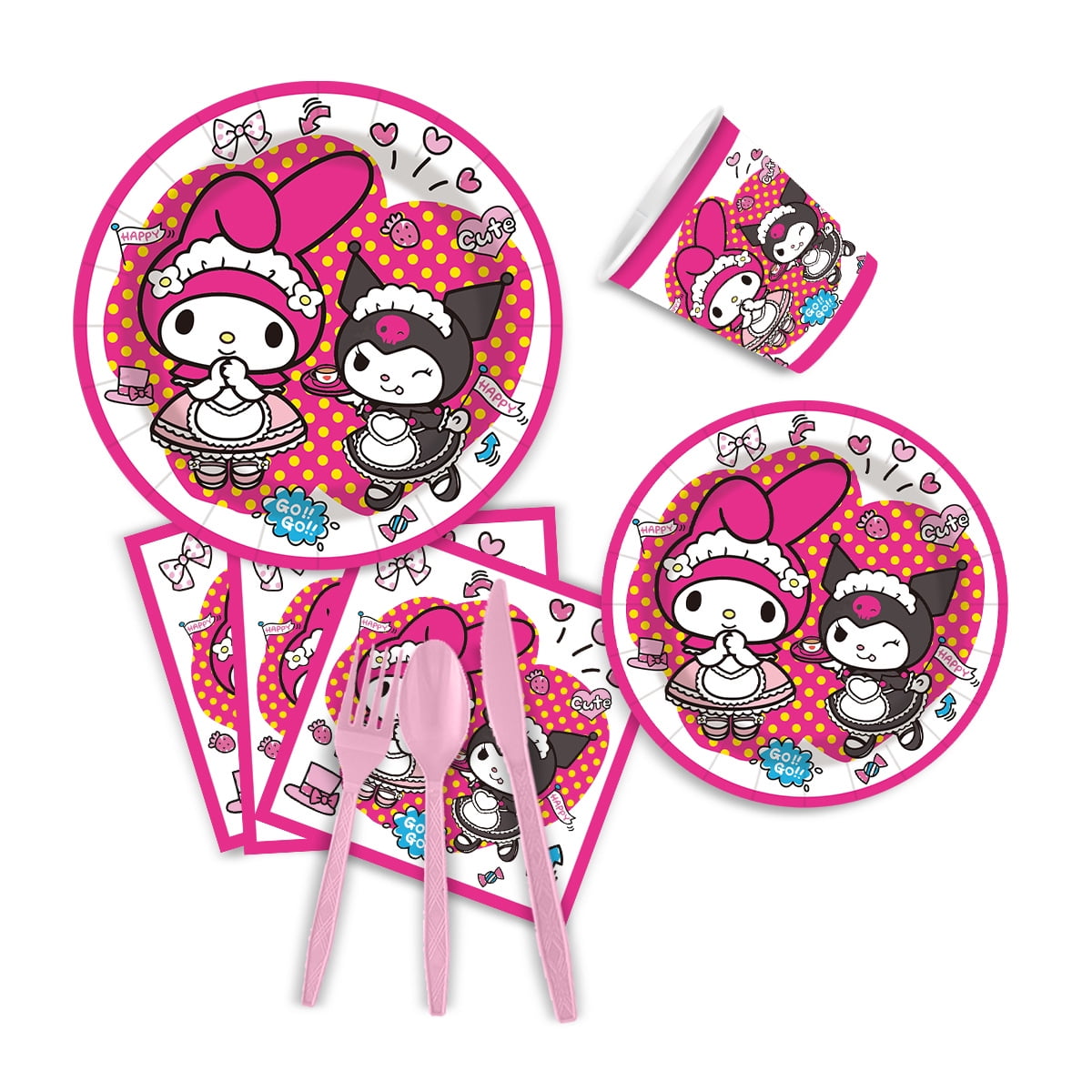 Kuromi-Melody 80/90 PCS Party Supplies, Party Tableware, Disposable Paper Plates- Napkins-Forks Dinnerware Set