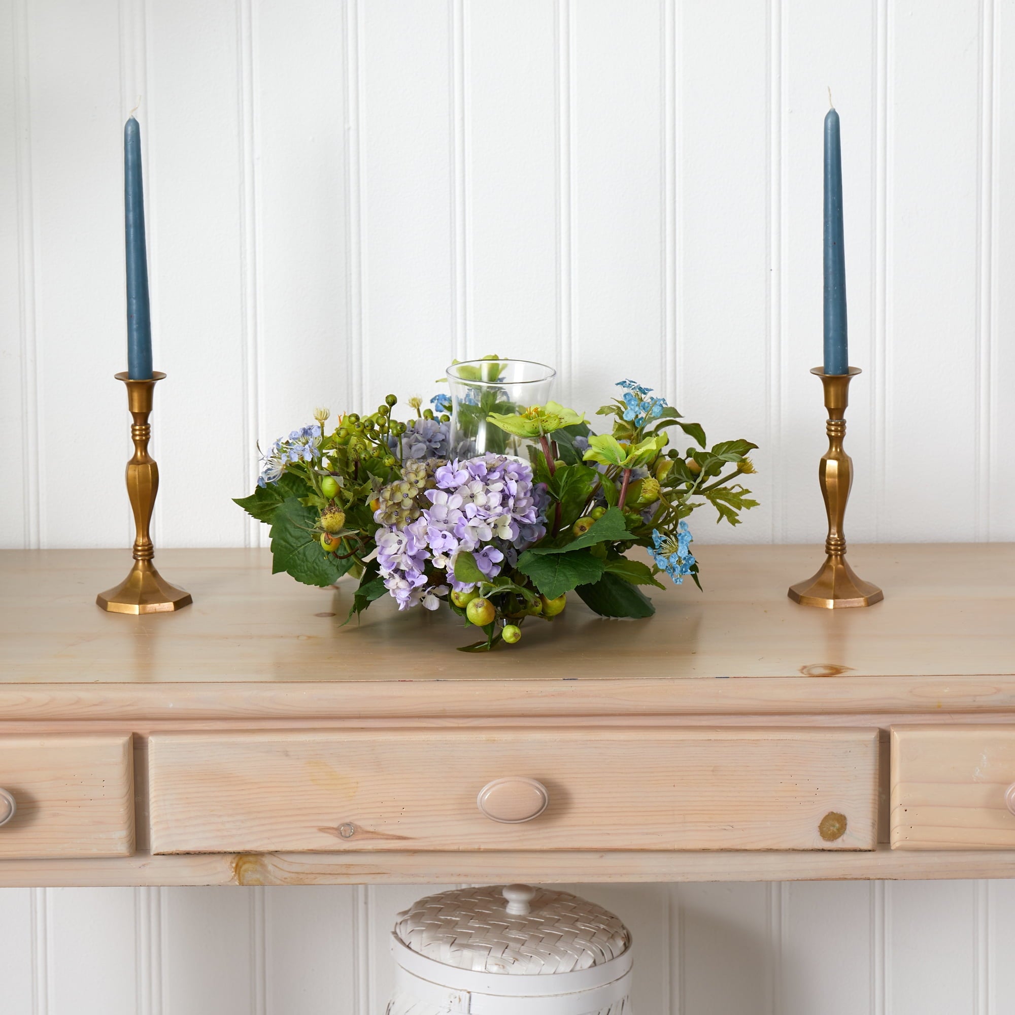 Nearly Natural Blue Hydrangea Candleabrum Centerpiece