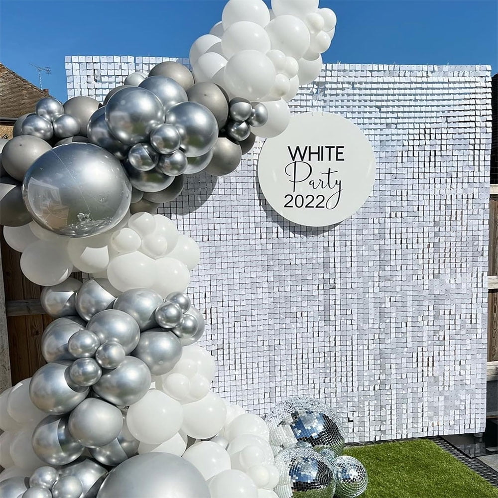 24PCS White Shimmer Wall Panels Elegant Square Sequin Backdrop for Weddings, Birthdays, Graduations, Parties