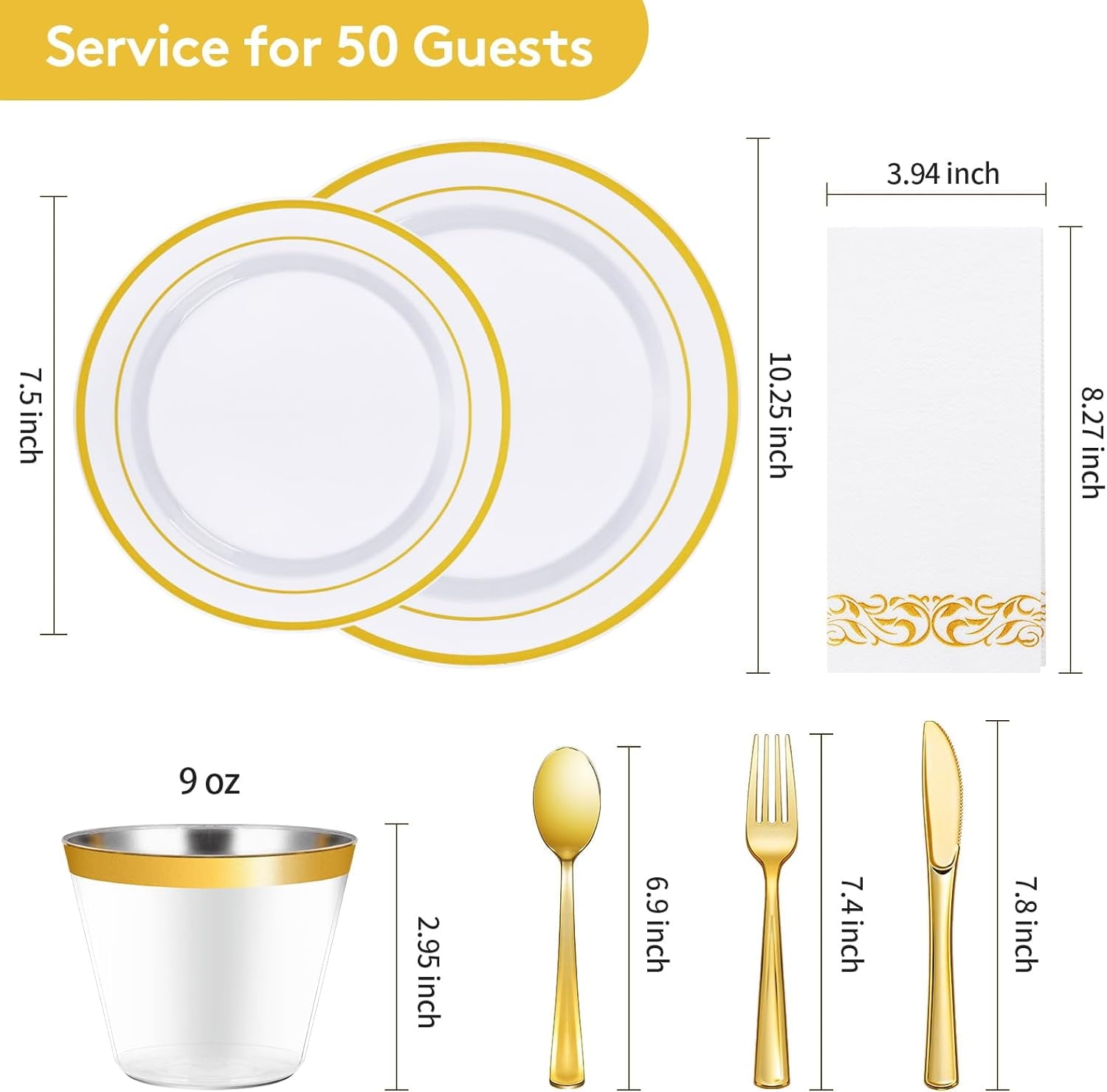 Frsuoak 350 Piece Gold Dinnerware Set for 50 Guests, Plastic Plates Disposable for Party, Include: 50 Gold Rim Dinner Plates, 50 Dessert Plates, 50 Paper Napkins, 50 Cups, 50 Gold Silverware Set