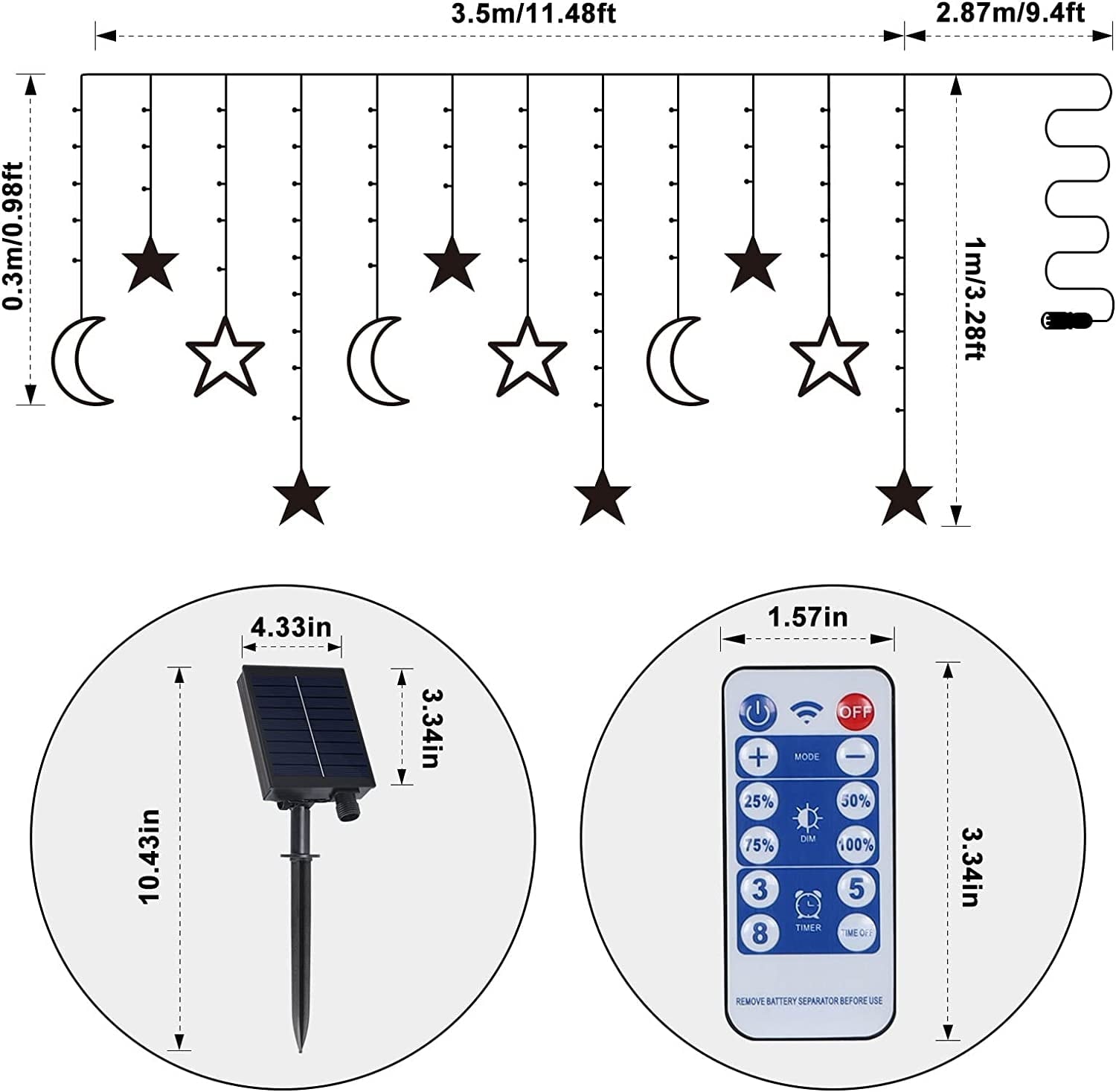 Solar Star Moon String Lights, 11.5 FT 138 LEDs with 8 Lighting Modes and Remote Control, Multicolor