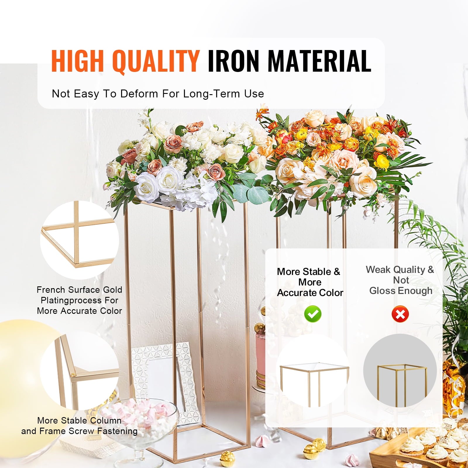 KFFKFF Pair of 31.5inch Tall Wedding Floral Stands, Featuring Acrylic Overlay, Metallic Vase Pillar Geometric Centerpiece Holders, Golden Rectangular Flower Showcasing Structure