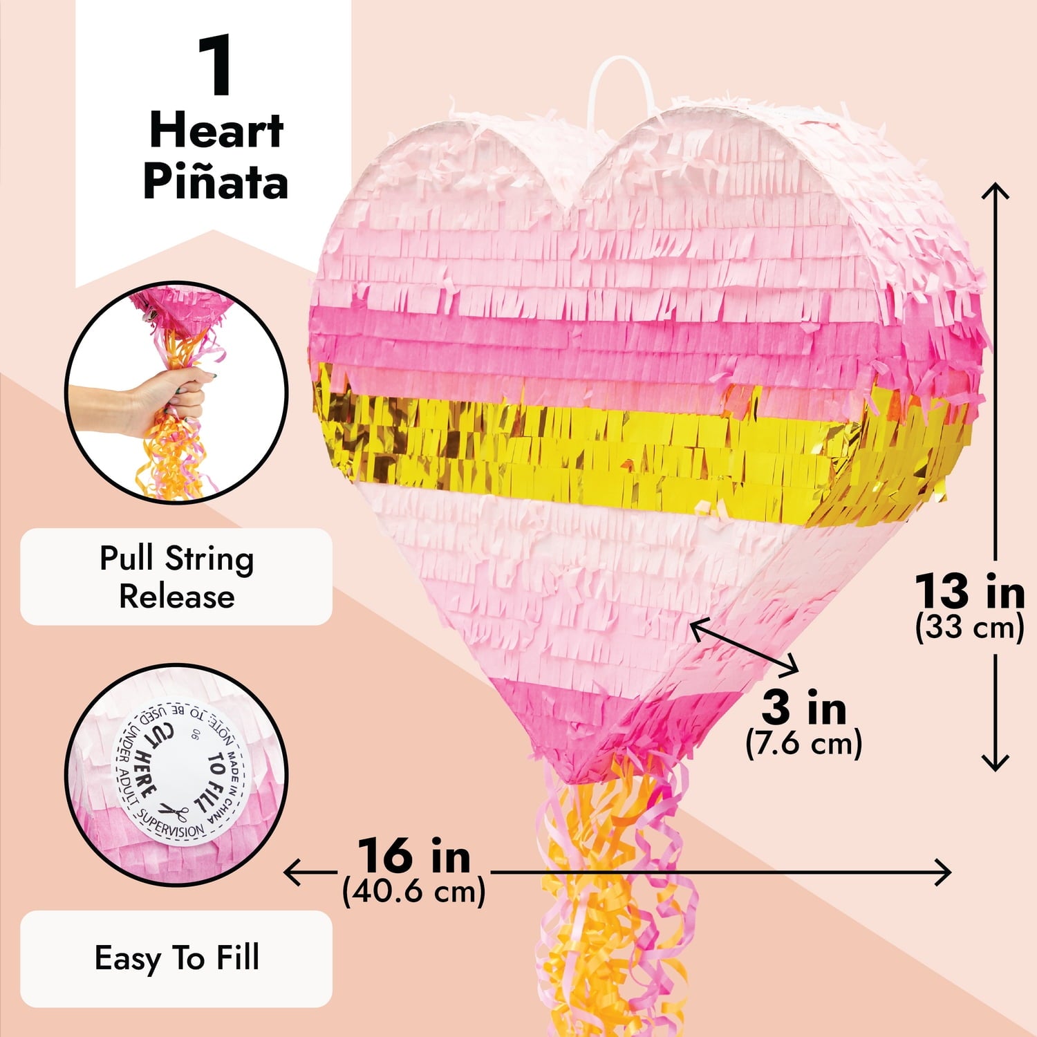 Sparkle and Bash Pink and Gold Ombre Pull String Heart Pinata, Ideal for Birthday Party Decorations & Supplies, Quinceanera, Valentine's Day (16 x 13 x 3 In, Small), Ages 3-14