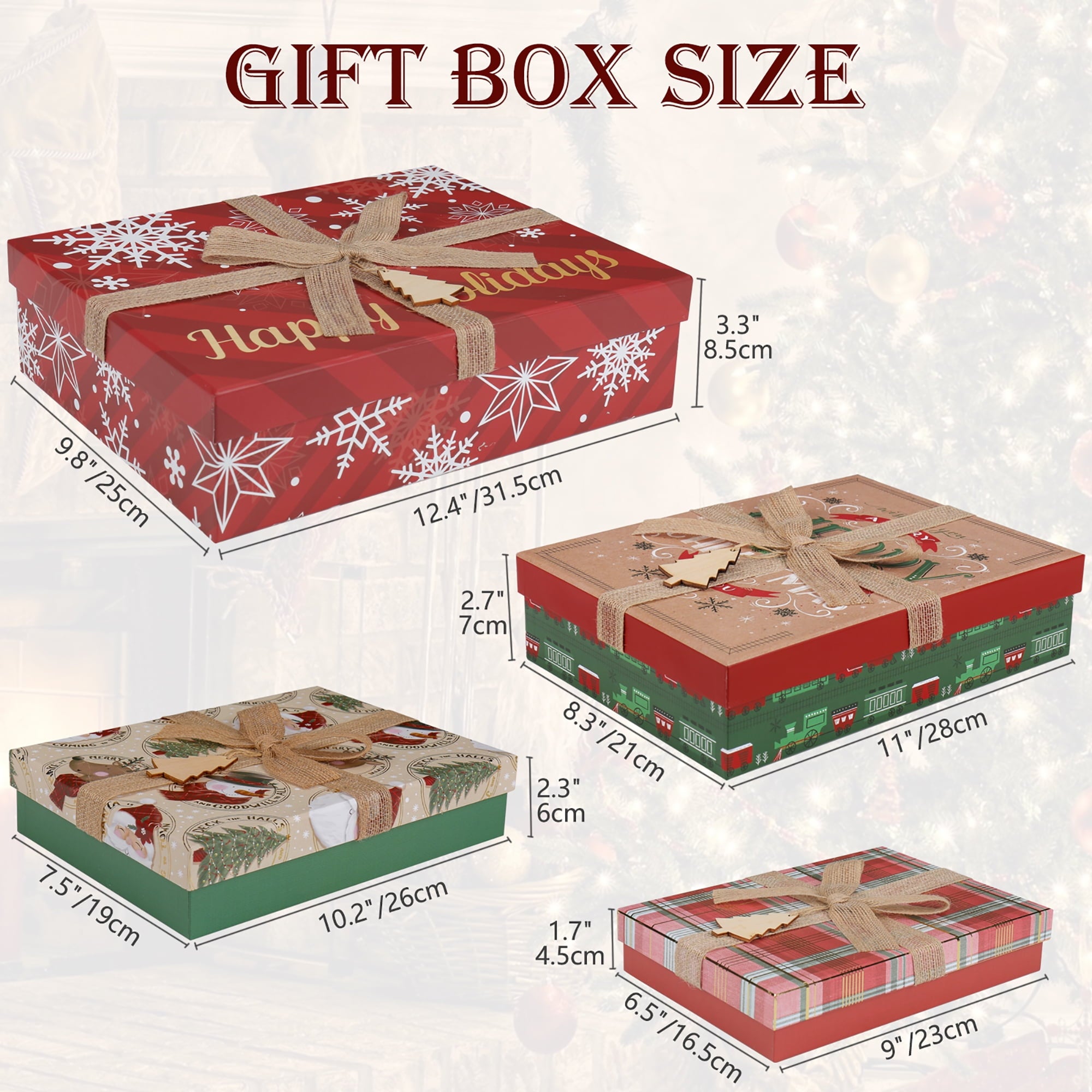 4 Pack Christmas Gift Boxes with Lids Nesting Square Box Set in Bows Decor Designs for Christmas Holiday Birthday Wedding Present