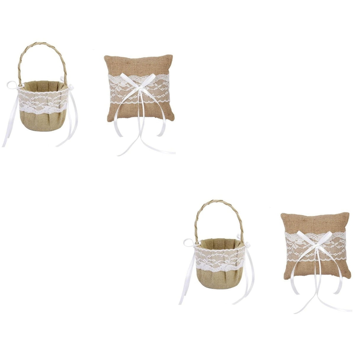 OUNONA 2pcs Set of 6*6'' Generic Burlap Jute & Lace Flower Basket Ring Bearer Pillow Cushion Rustic Country Wedding