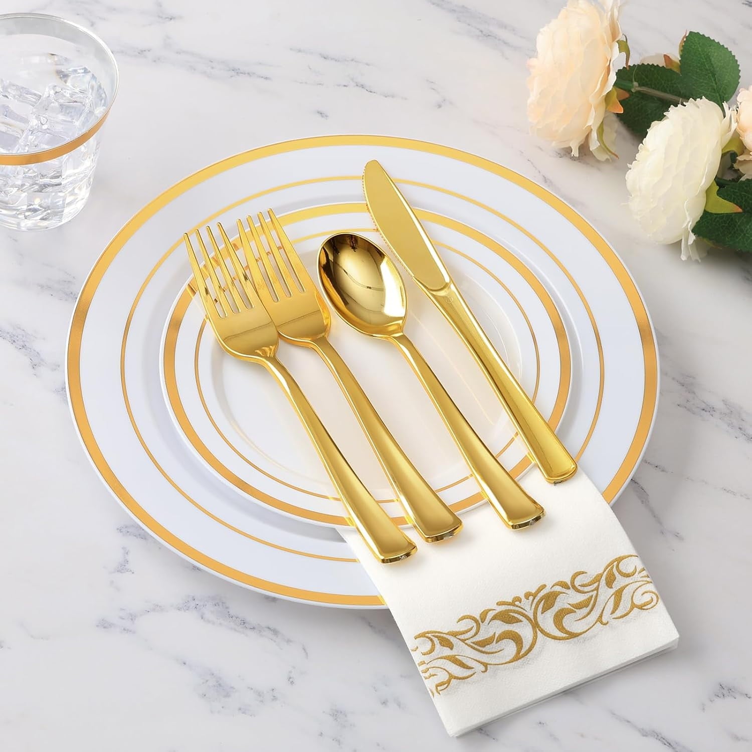 Frsuoak 350 Piece Gold Dinnerware Set for 50 Guests, Plastic Plates Disposable for Party, Include: 50 Gold Rim Dinner Plates, 50 Dessert Plates, 50 Paper Napkins, 50 Cups, 50 Gold Silverware Set