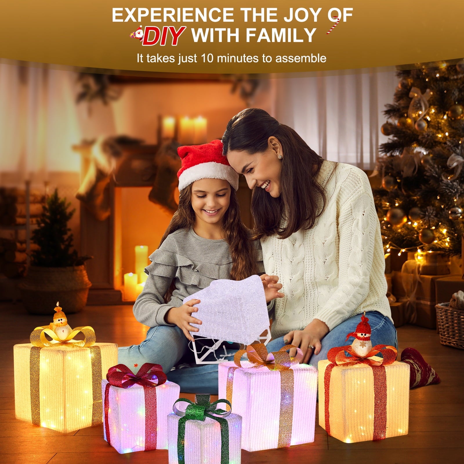 Christmas Lighted Gift Boxes, 80 LED Transparent Lighted Boxes, Christmas Home Gift Box Decorations, Set of 3