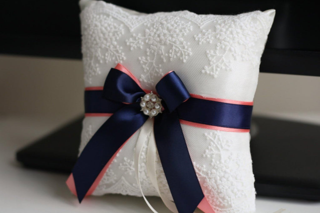 Wedding Flower Girl Basket & Ring Bearer Pillow Set by  Emotions (Coral Navy)