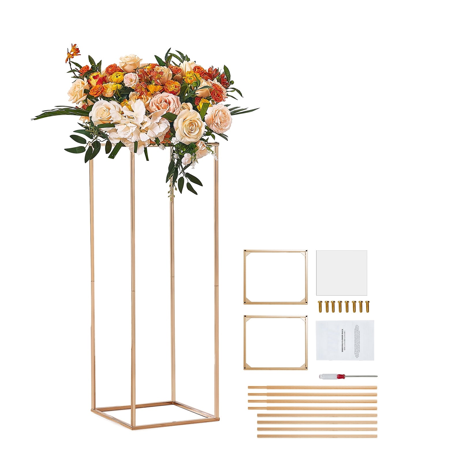 KFFKFF Pair of 31.5inch Tall Wedding Floral Stands, Featuring Acrylic Overlay, Metallic Vase Pillar Geometric Centerpiece Holders, Golden Rectangular Flower Showcasing Structure