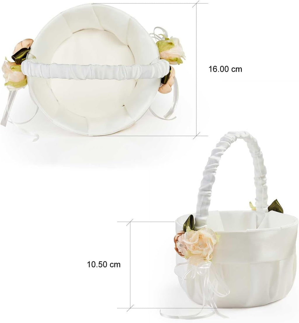 Ivory Flower Girl Basket Set of 3, 2 Flower Girl Baskets & 1 Ring Bearer Pillow with Floral Accent Ivory