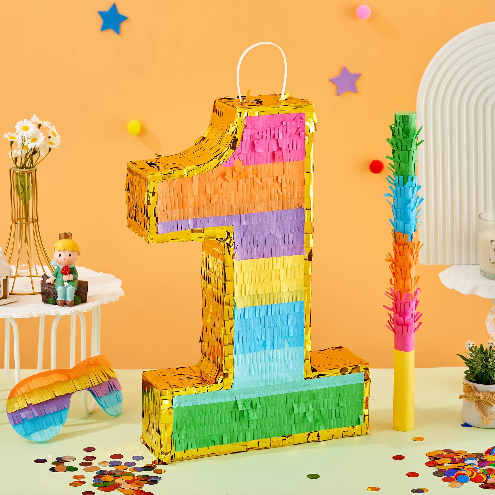 MKLZ Number 1 Pinata, Party Decoration with Blindfold, Stick and Confetti, Pinatas for Birthday Party ( Small, 16.5 x 11.5 x 3 In)