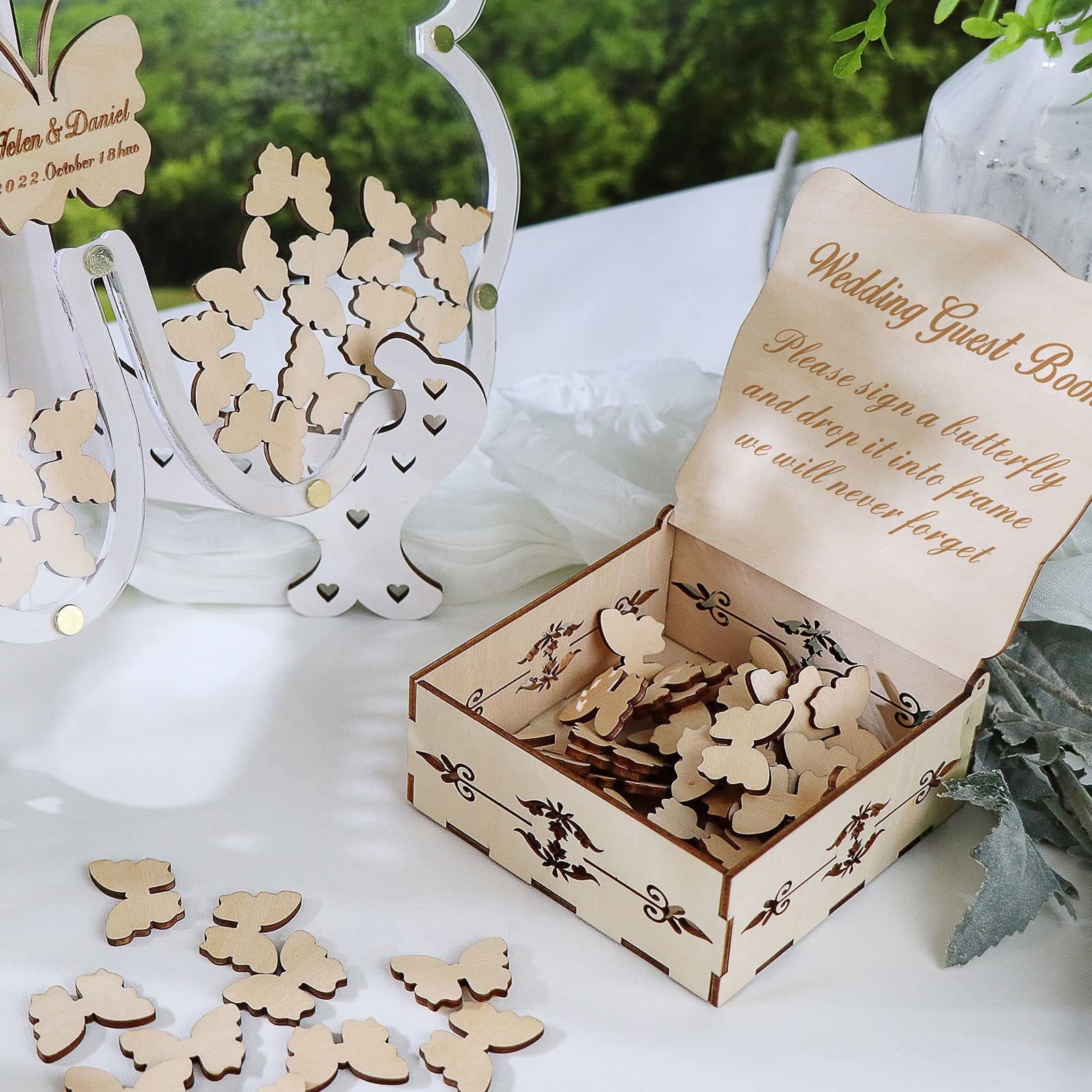 color 60Pcs Wooden Wedding Guest Book Leaves Butterfly Shape Sign In Cards Anniversary Memory Keepsake Birthday Party Decor Wedding Reception Guest Book 432G Weight