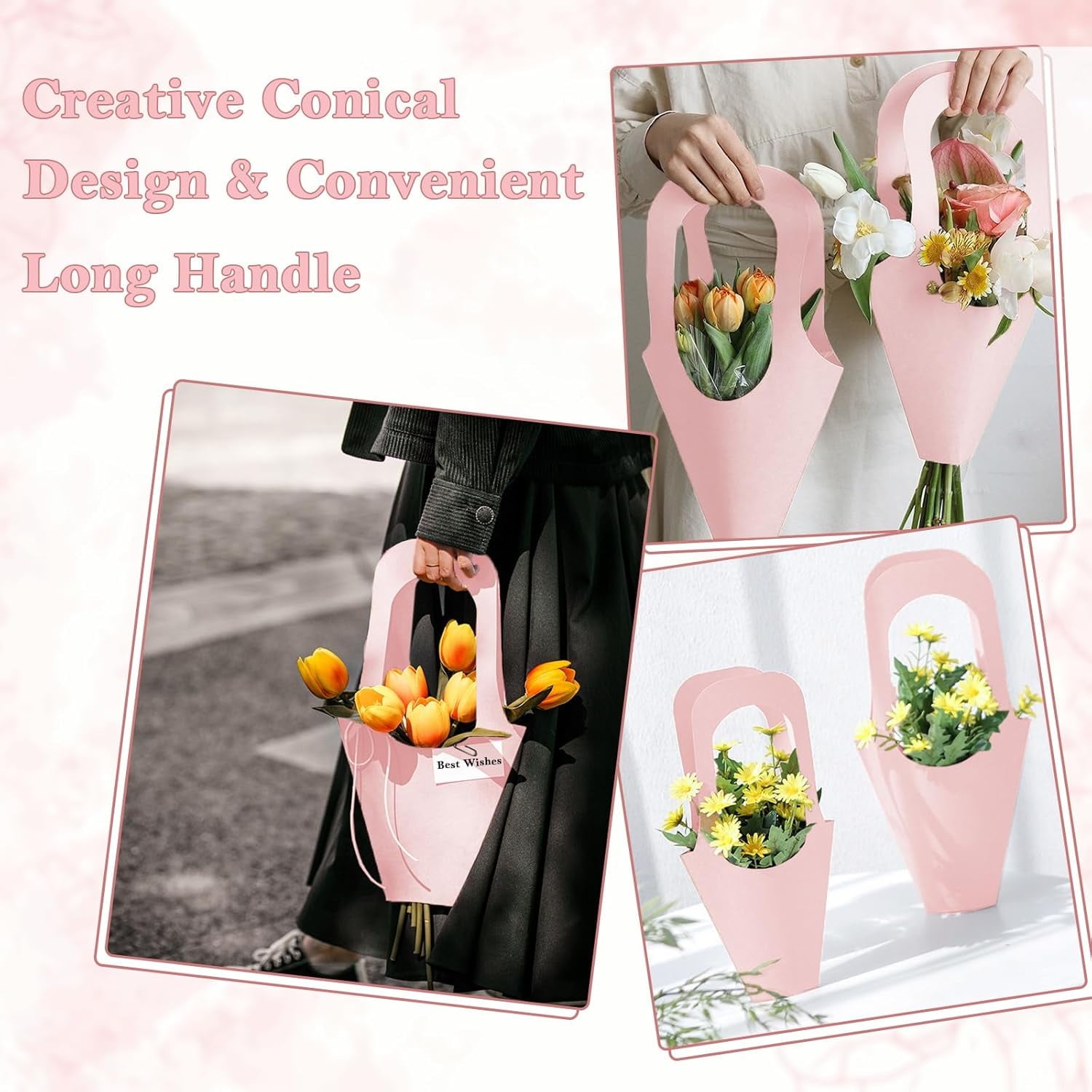 40 Pcs Pink Kraft Paper Flower Gift Bags Bouquet Bags with Handle, Creative Cone Flower Wrapping Paper Bags for Bouquets with 10 Yard Sparkling Ribbon, Flower Bags for Home Florist Wedding
