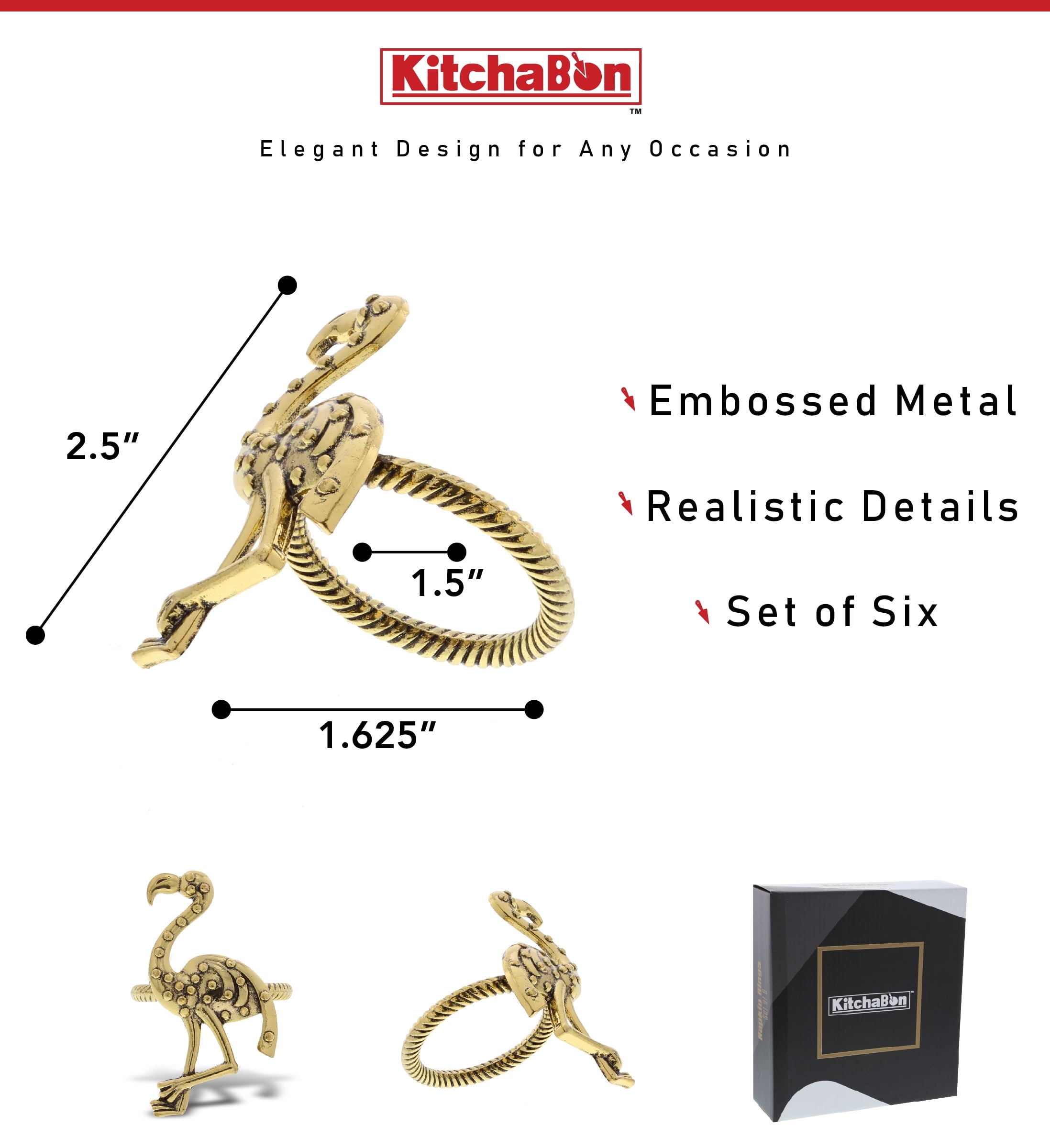 KitchaBon Gold Napkin Rings Set of 6, Table Setting Centerpiece Decor Napkins Ring Holders, Napkin Ring Packs for Family Holiday Dinner, Fancy Banquet & Wedding Decorations for Reception- Rooster