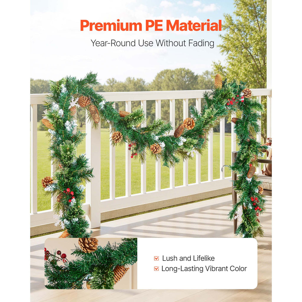 KFFKFF 9-Ft Artificial Christmas Garland with Lights, Festive Greenery Decoration Featuring Berries, Pine Needles, and Cones, Realistic Holiday Accent for Mantels and Fireplaces