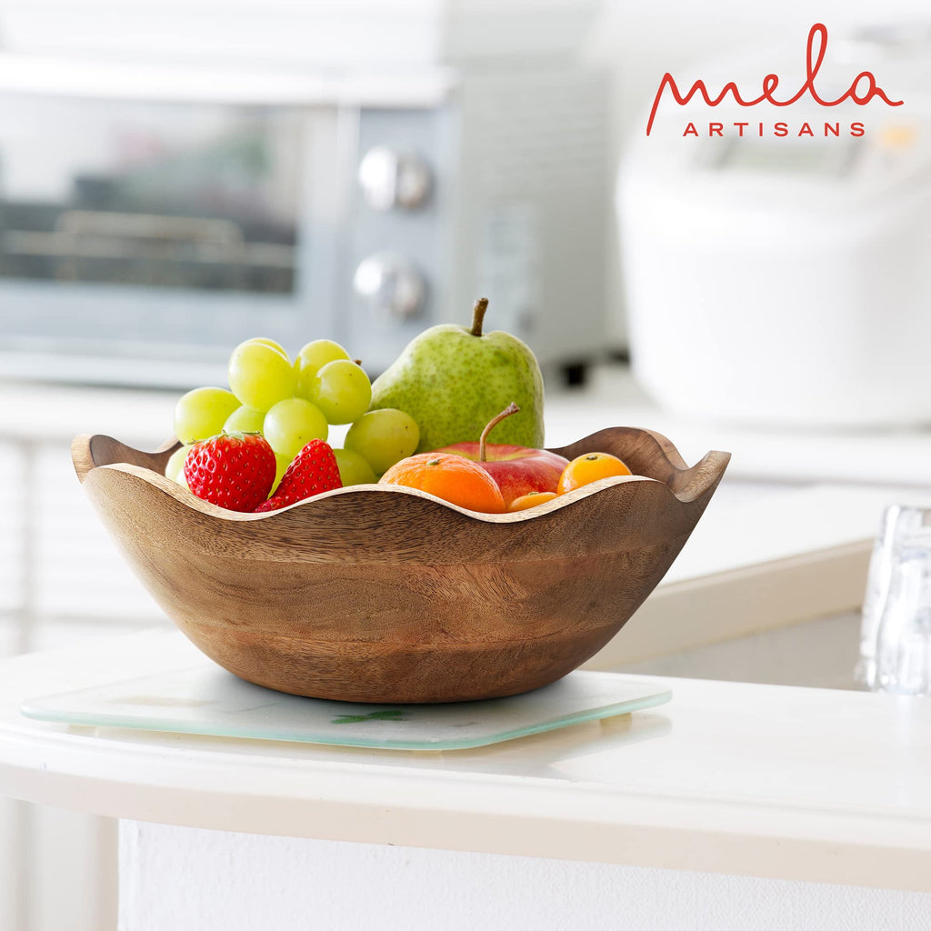 Mela Artisans Wooden Scalloped Bowl, Rustic Ruffle Decorative Bowl, Brown, Large