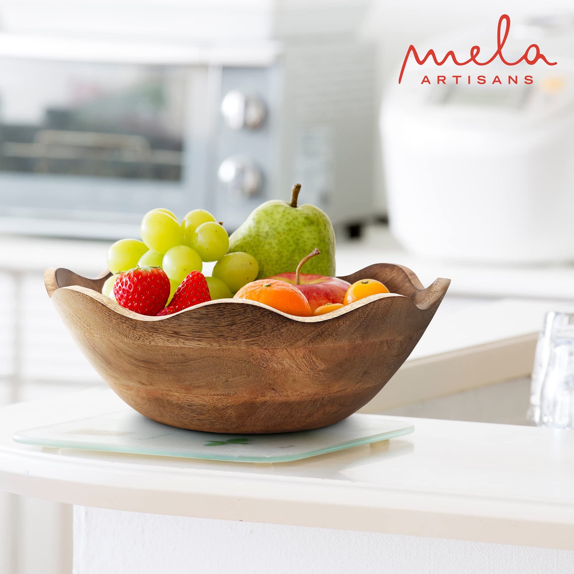Mela Artisans Wooden Scalloped Bowl, Rustic Ruffle Decorative Bowl, Brown, Large